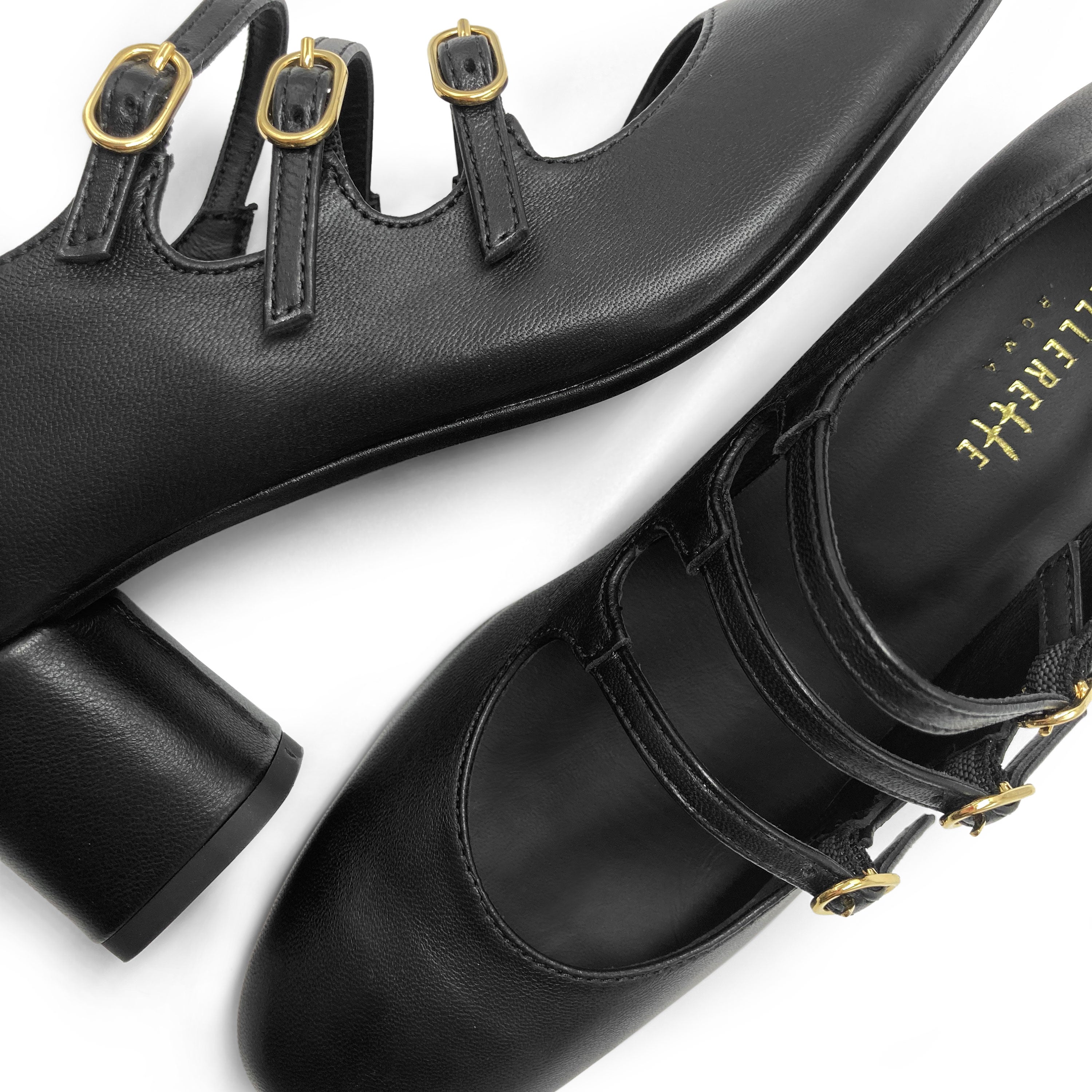 Schwarze Mary Jane Ballerinas aus Leder mit drei Riemchen und hohem Absatz