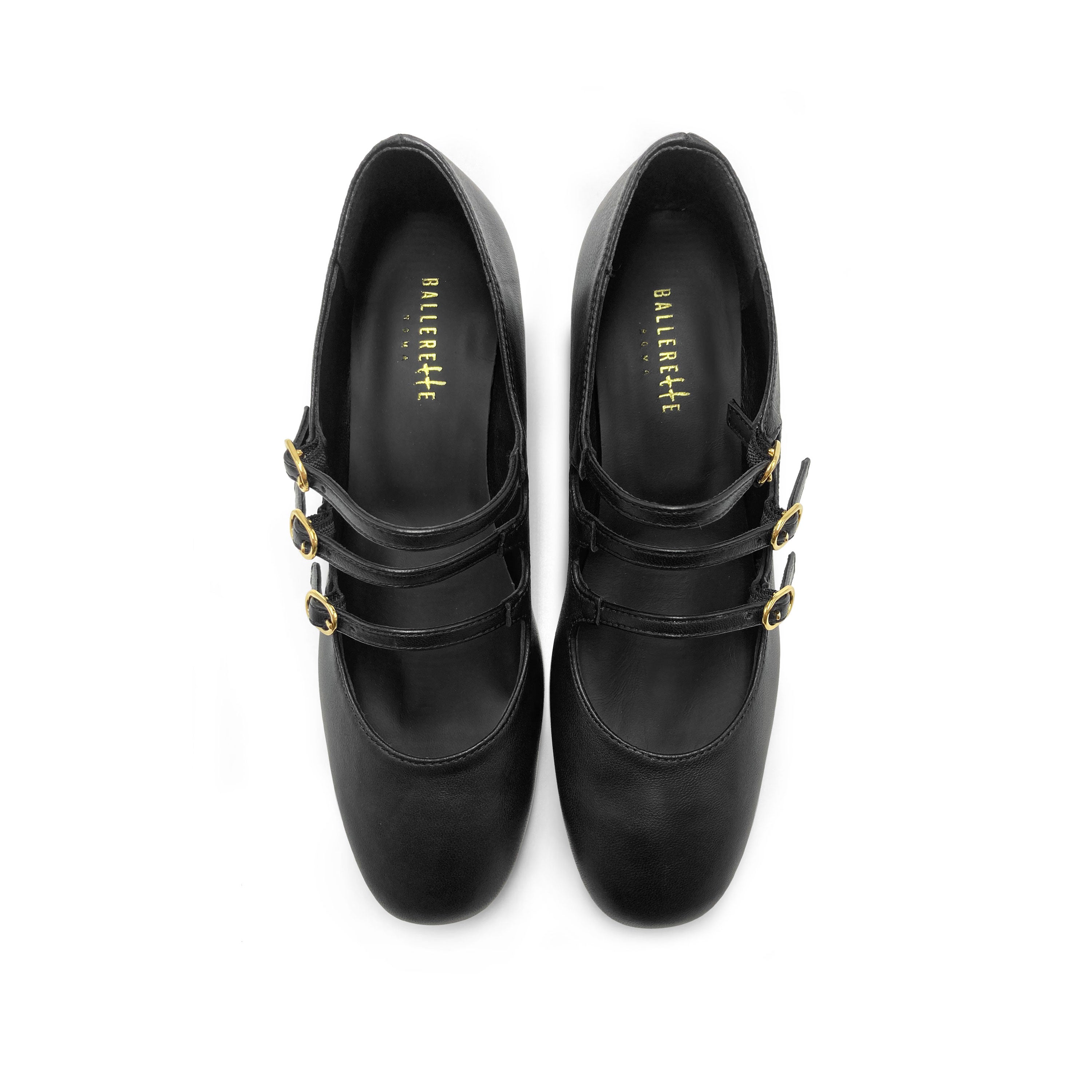 Schwarze Mary Jane Ballerinas aus Leder mit drei Riemchen und hohem Absatz