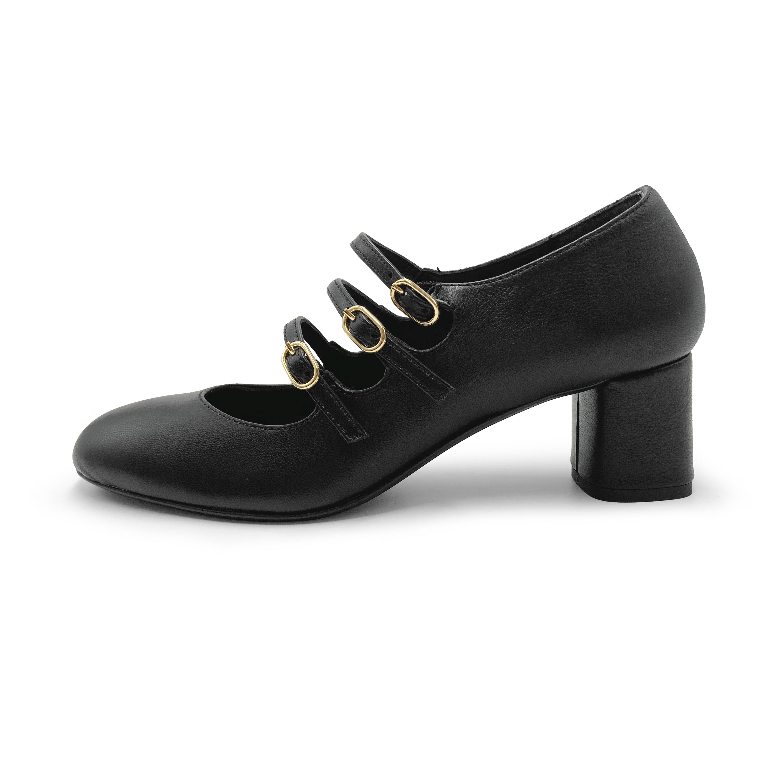 Schwarze Mary Jane Ballerinas aus Leder mit drei Riemchen und hohem Absatz