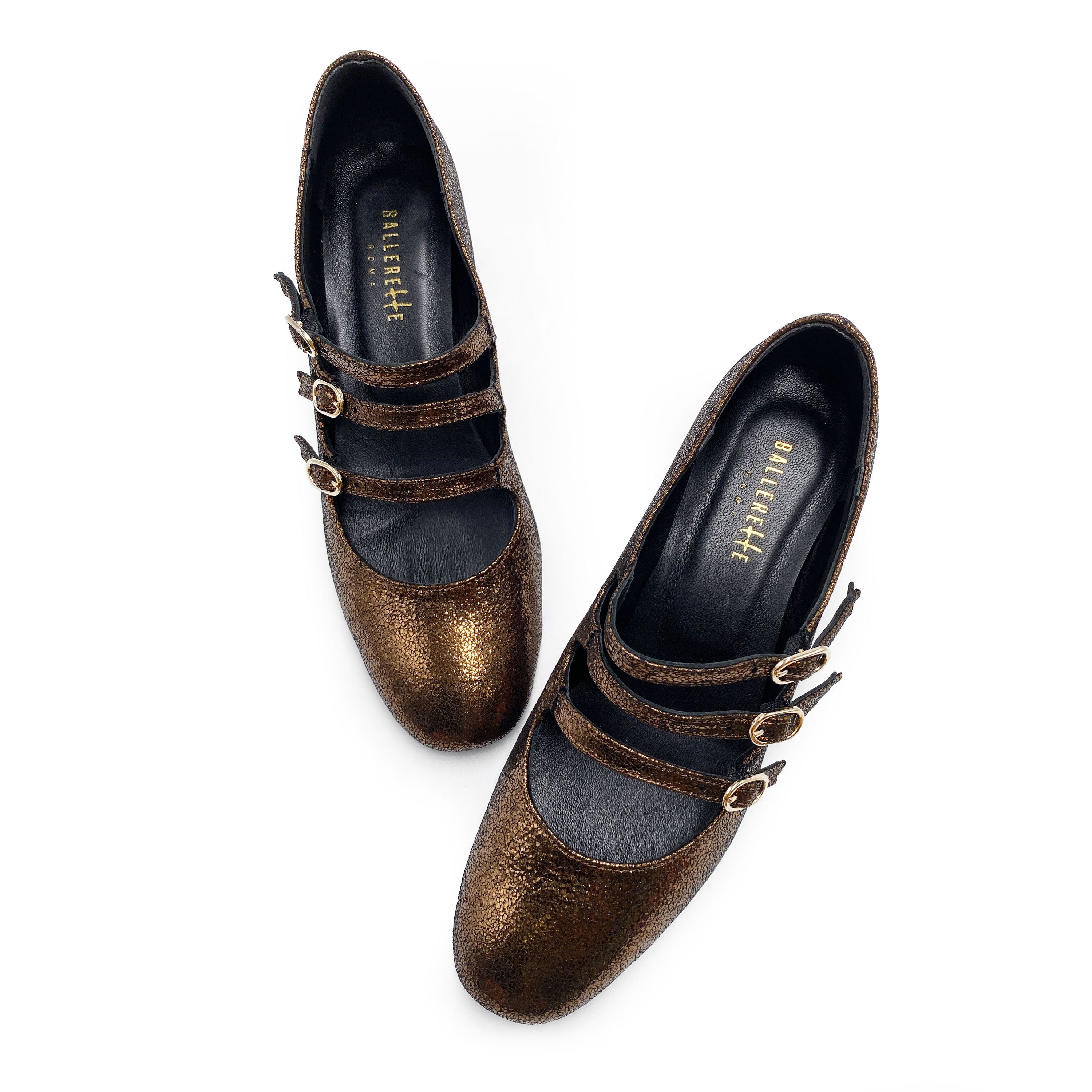 Mary Jane rame in camoscio laminato con cinturini e tacco alto