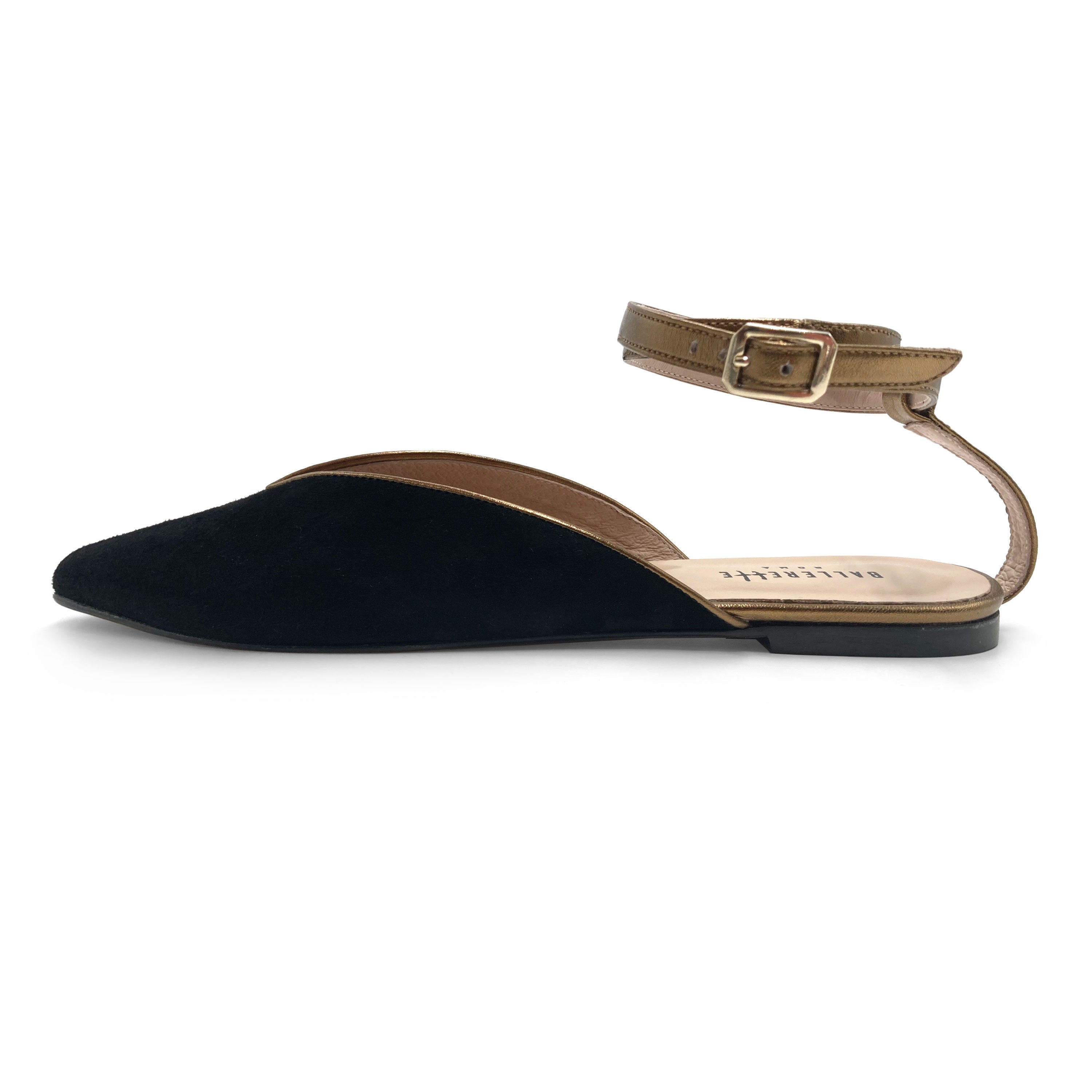 Summer mule shoes in black suede with bronze ankle tie