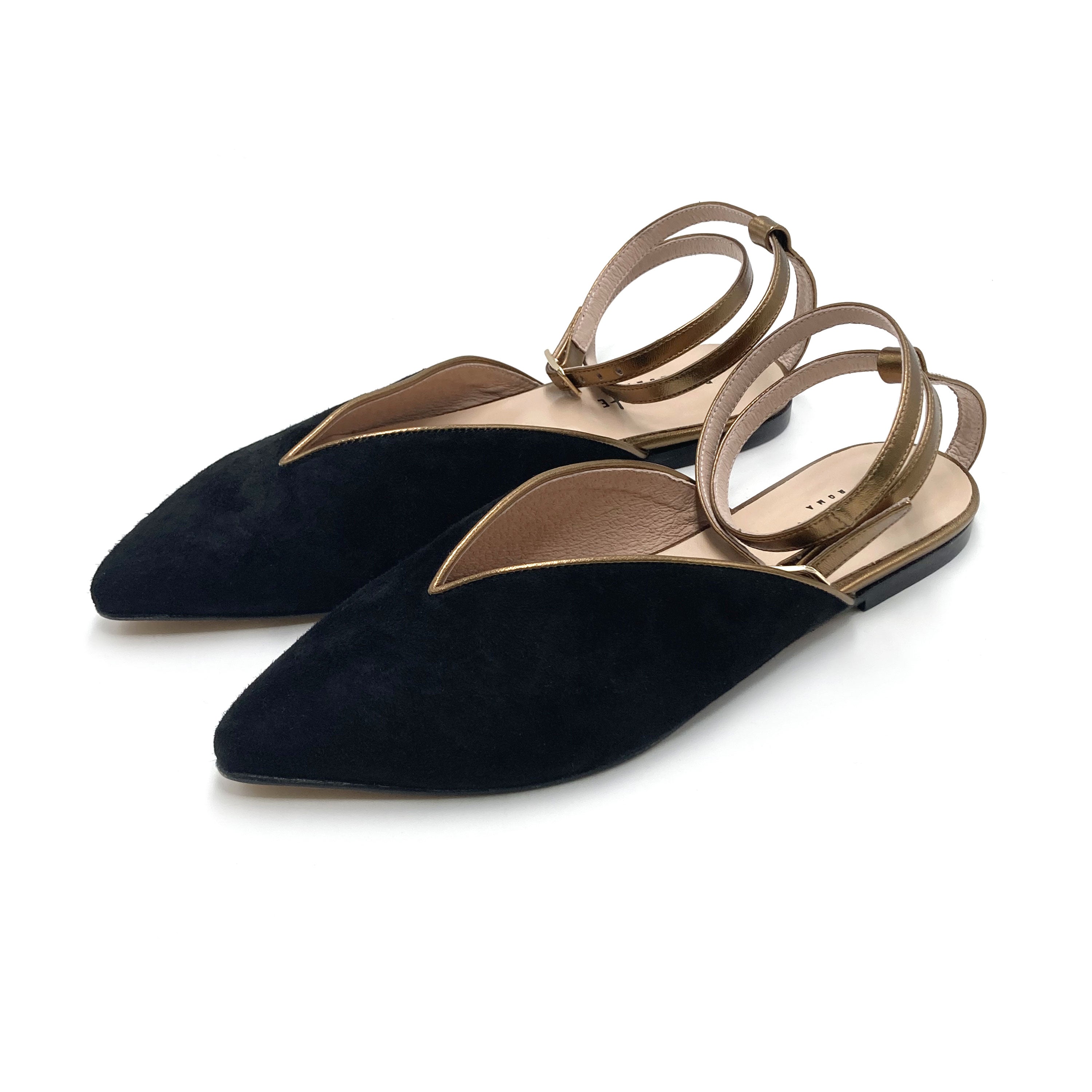 Summer mule shoes in black suede with bronze ankle tie