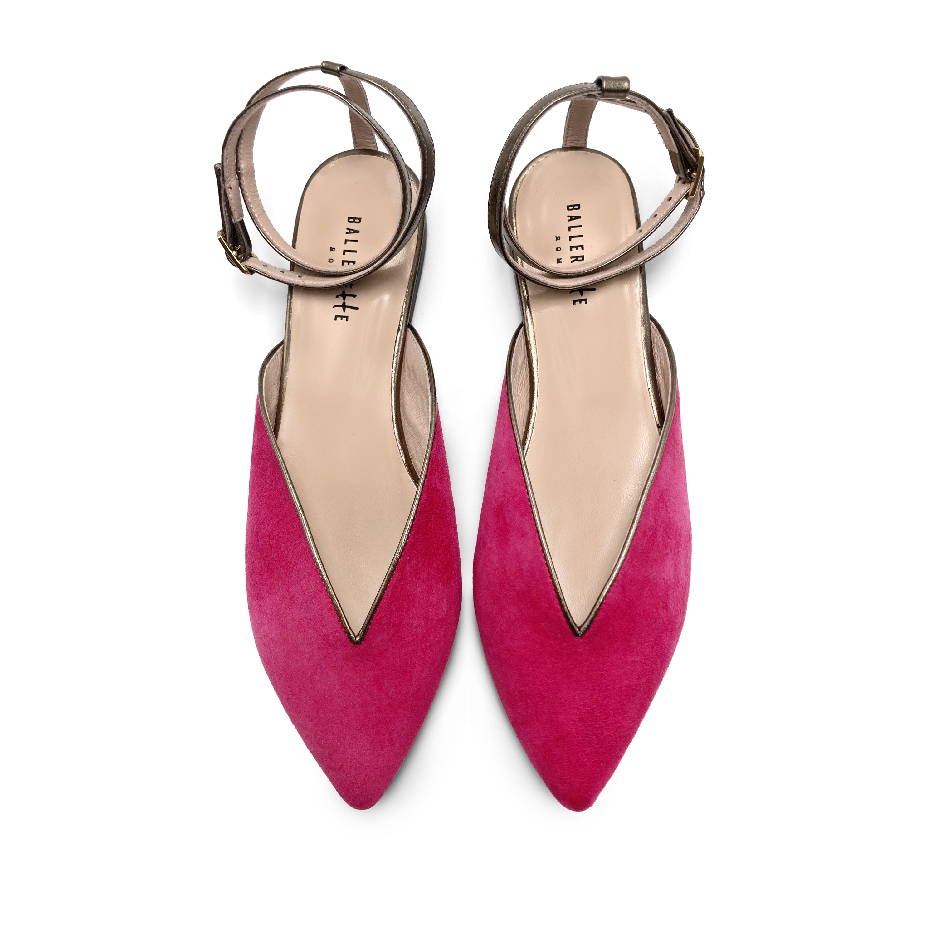 Scarpe mule estive in camoscio fucsia con laccio canna di fucile alla caviglia