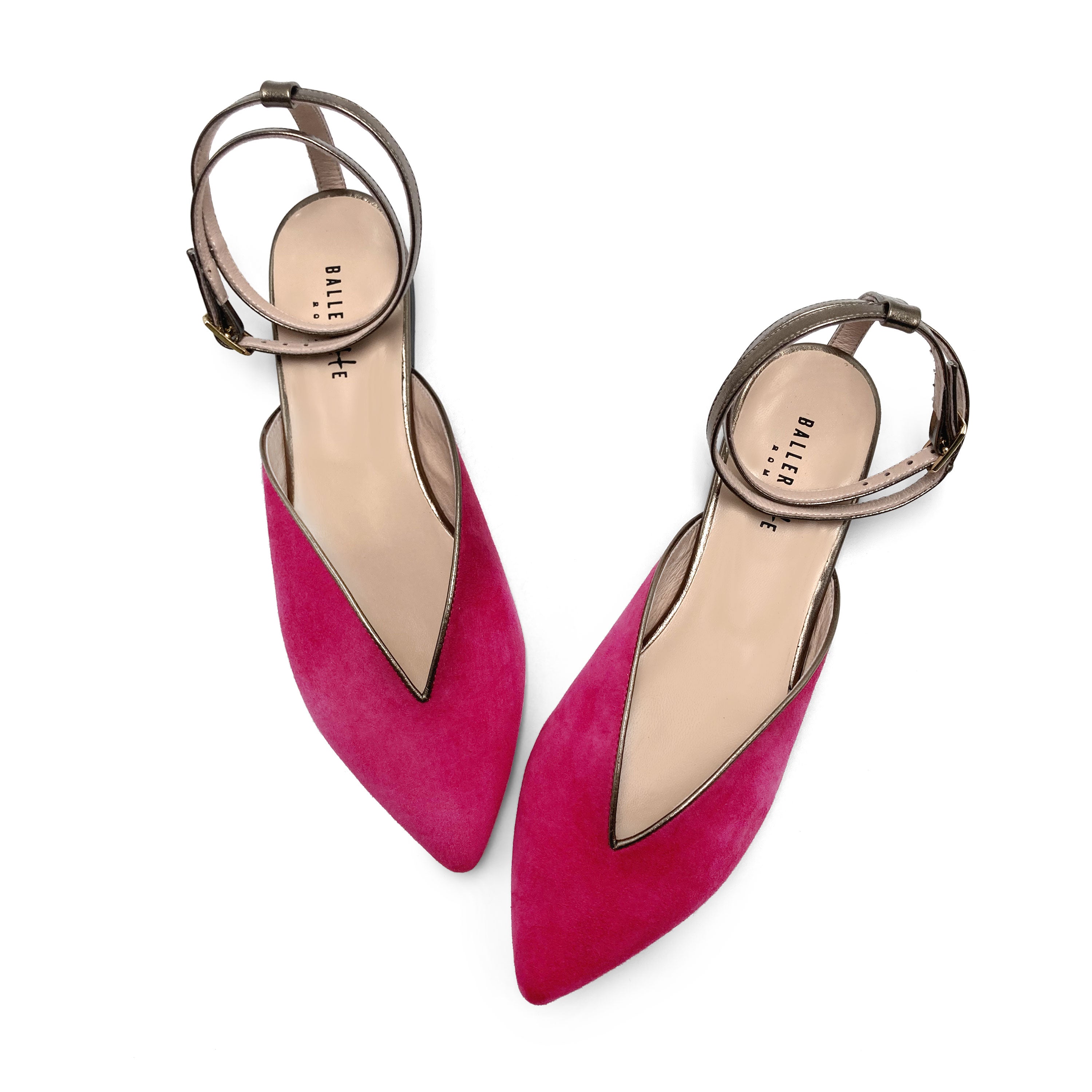 Scarpe mule estive in camoscio fucsia con laccio canna di fucile alla caviglia