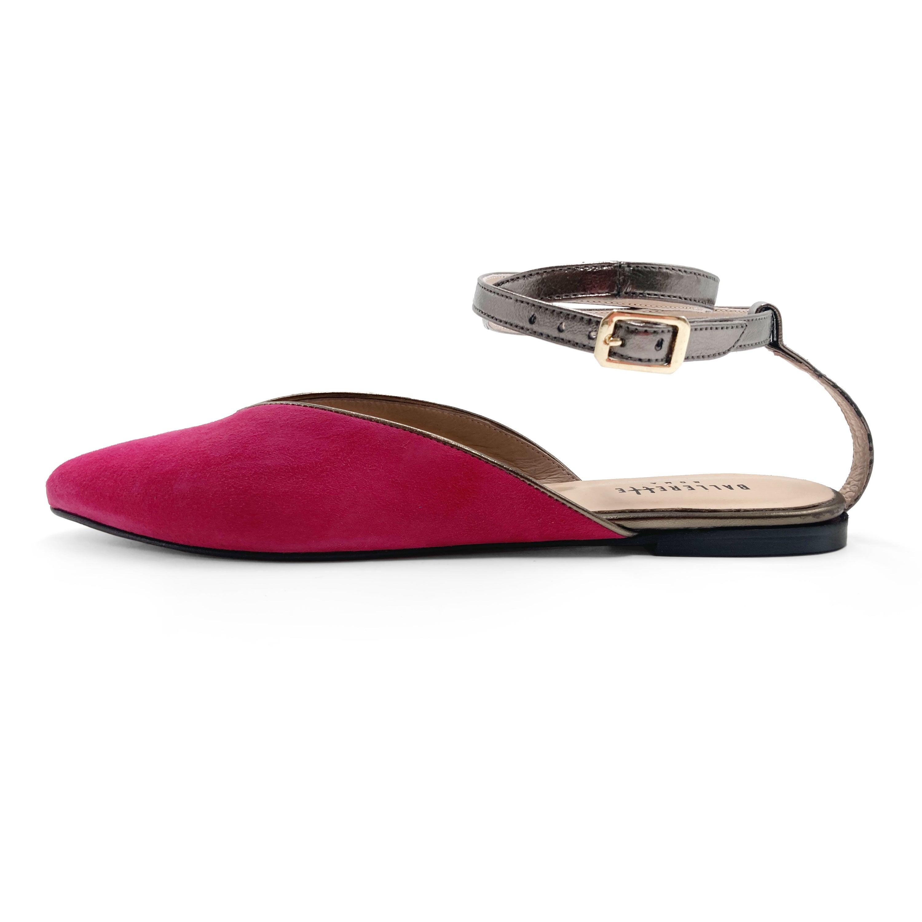 Scarpe mule estive in camoscio fucsia con laccio canna di fucile alla caviglia