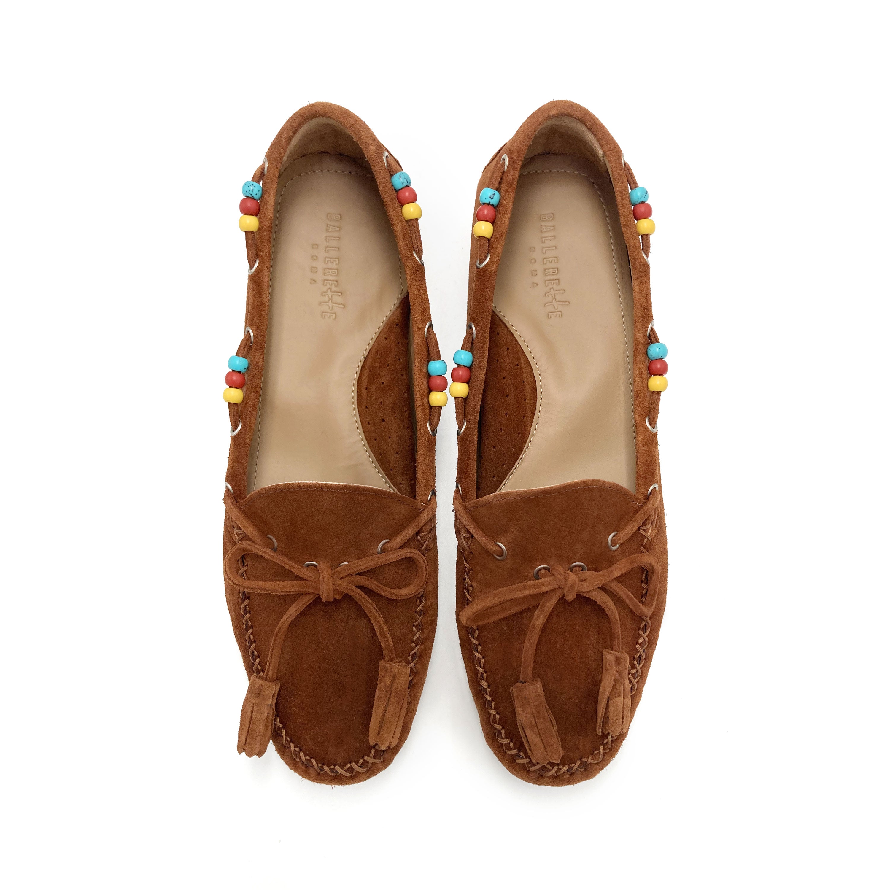 Mocassins femme en marron cuir avec perles