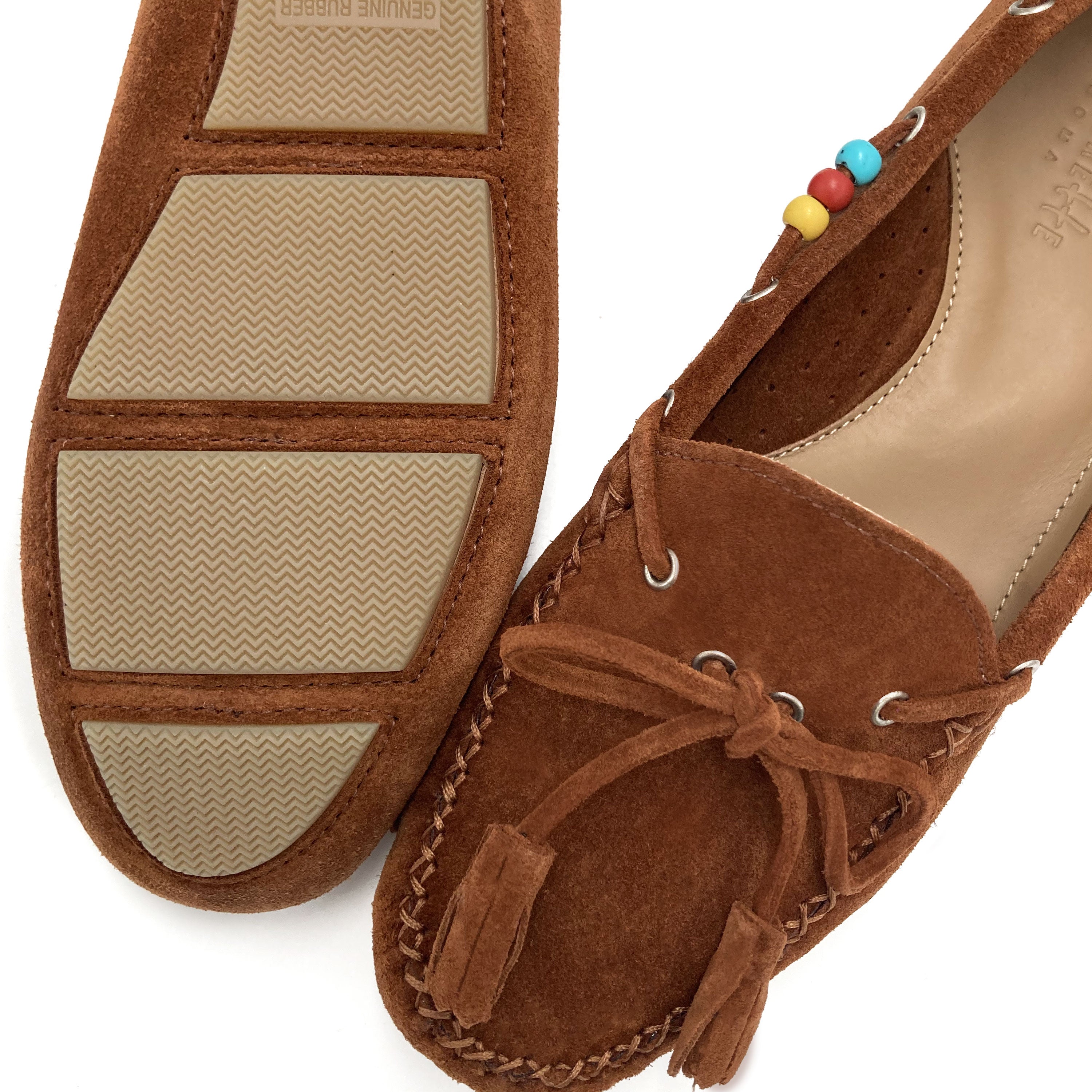 Mocassini marroni cuoio da donna con perline