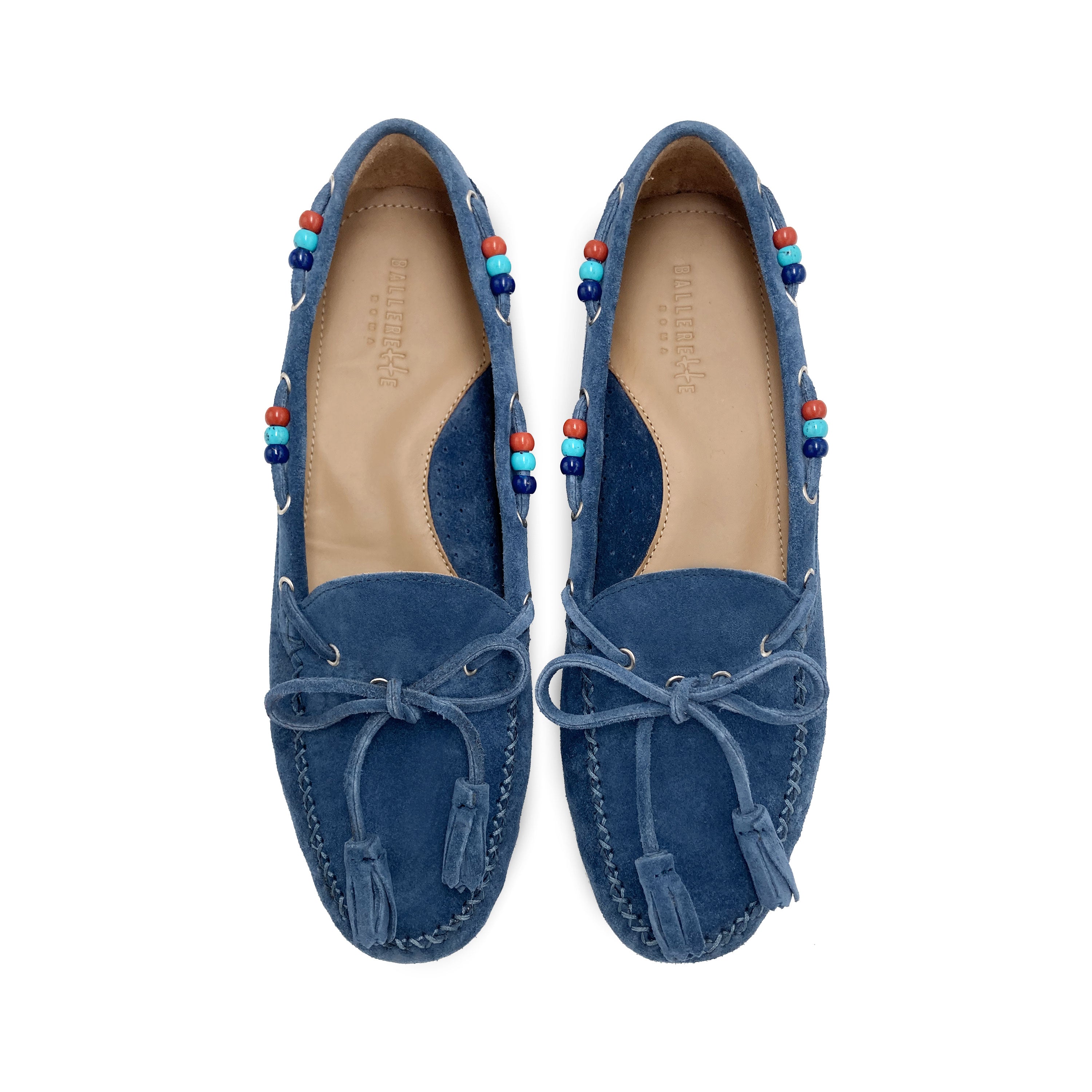 Mocassins femme en bleu denim avec perles