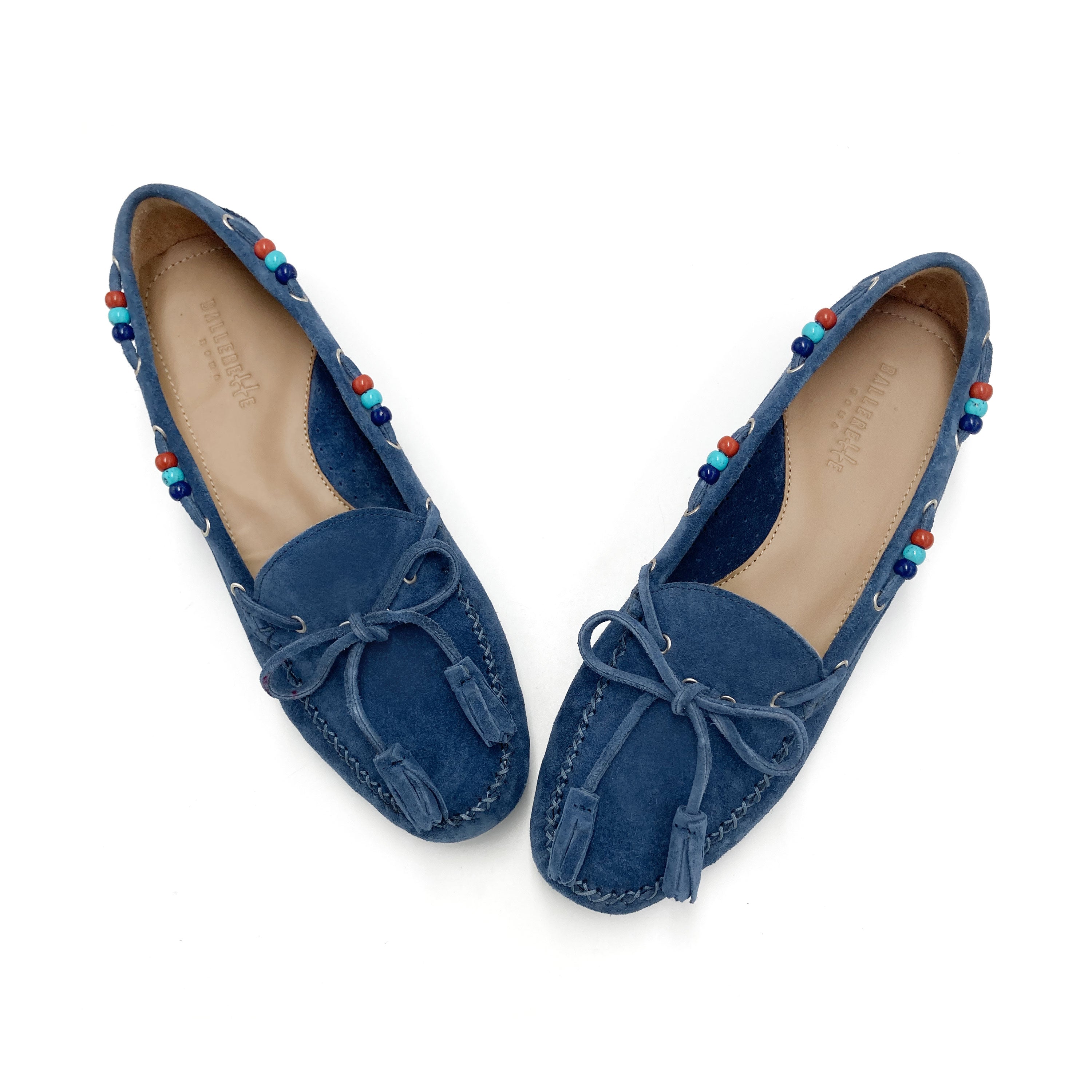 Mocassins femme en bleu denim avec perles
