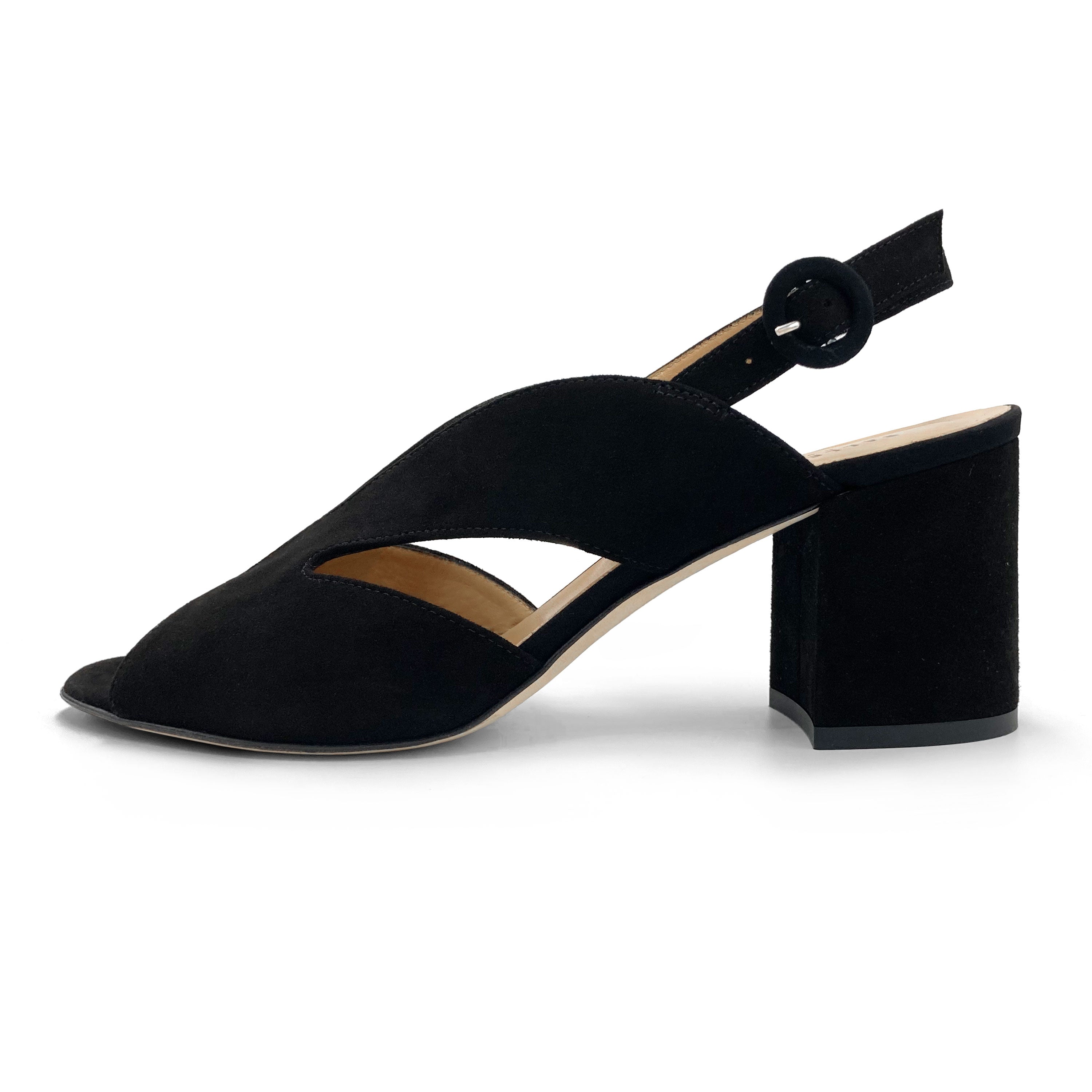 Chaussures slingback open toe en daim noir à talon