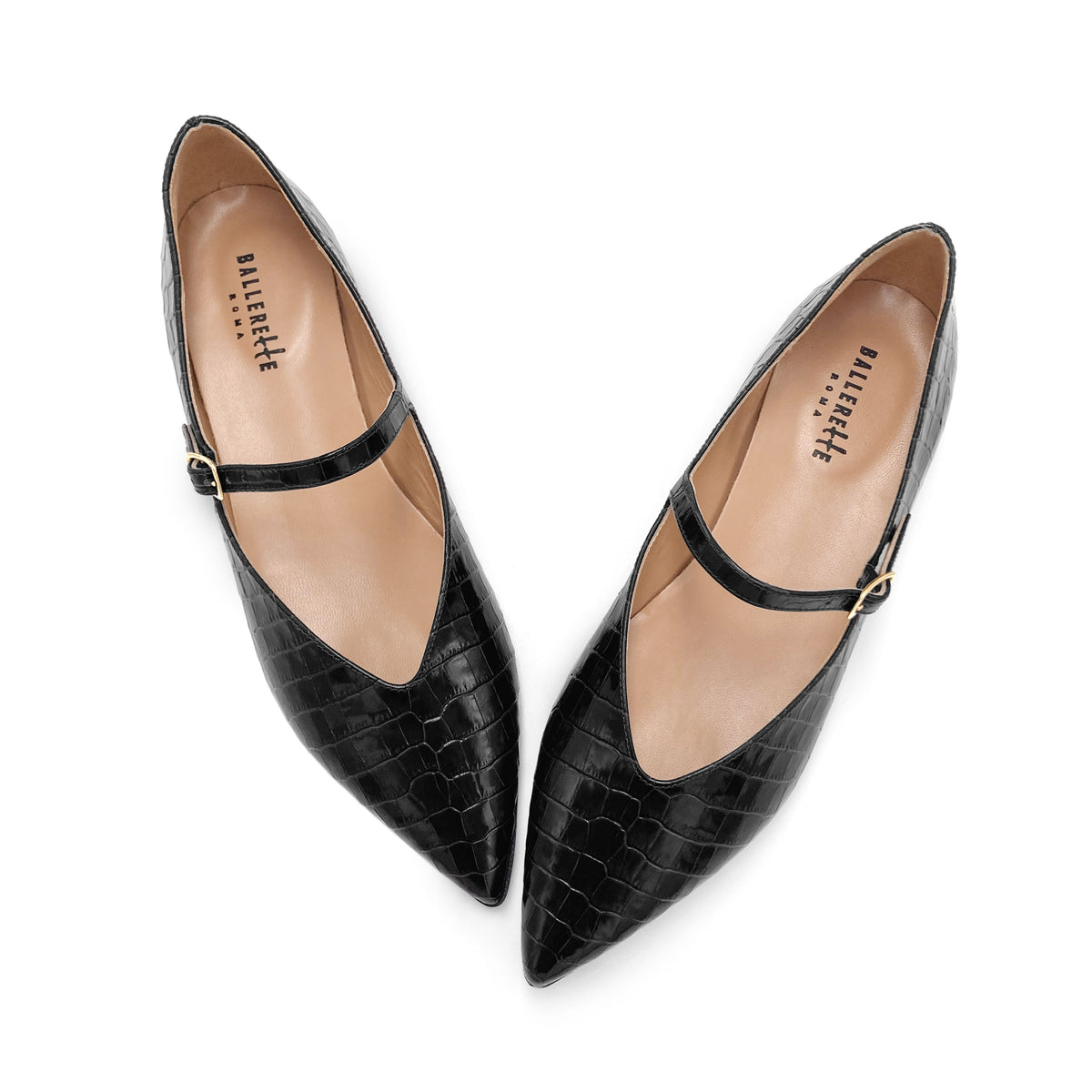 Schwarze Lederballerinas mit Krokodilprägung