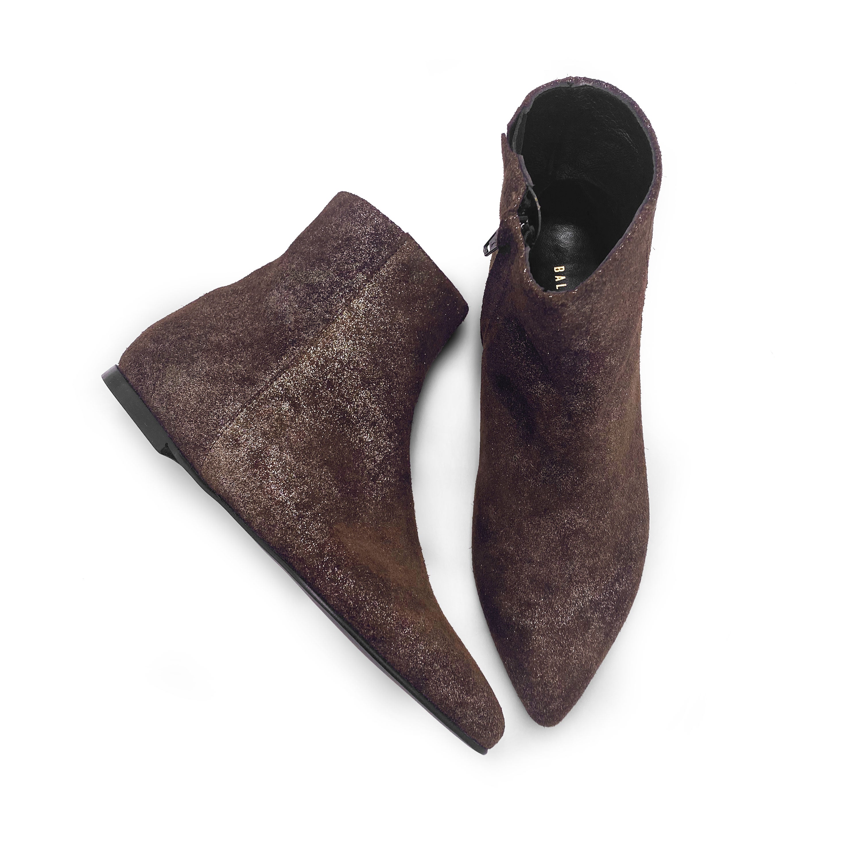 Ankle boots with hidden internal heel in dark brown glittered suede
