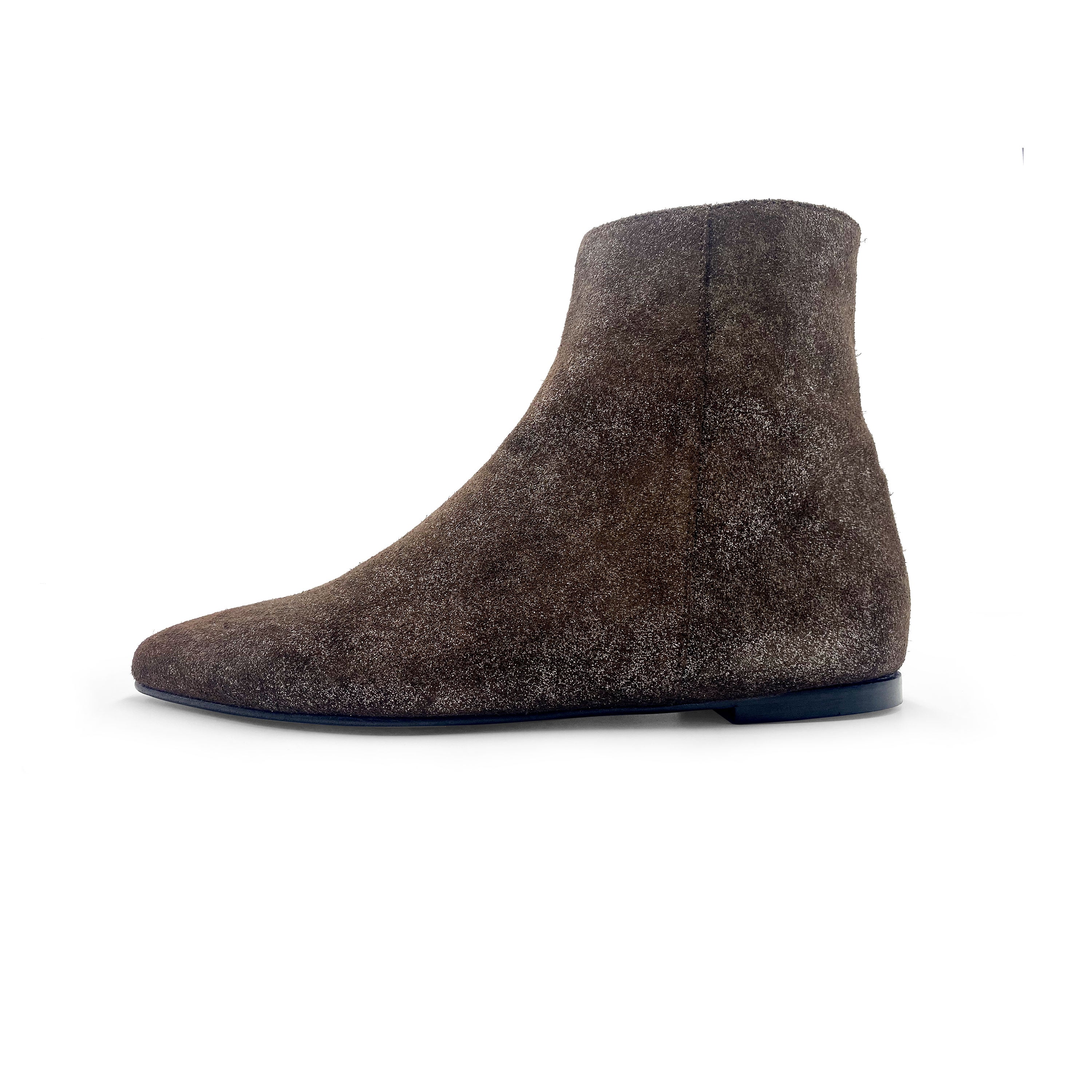 Ankle boots with hidden internal heel in dark brown glittered suede