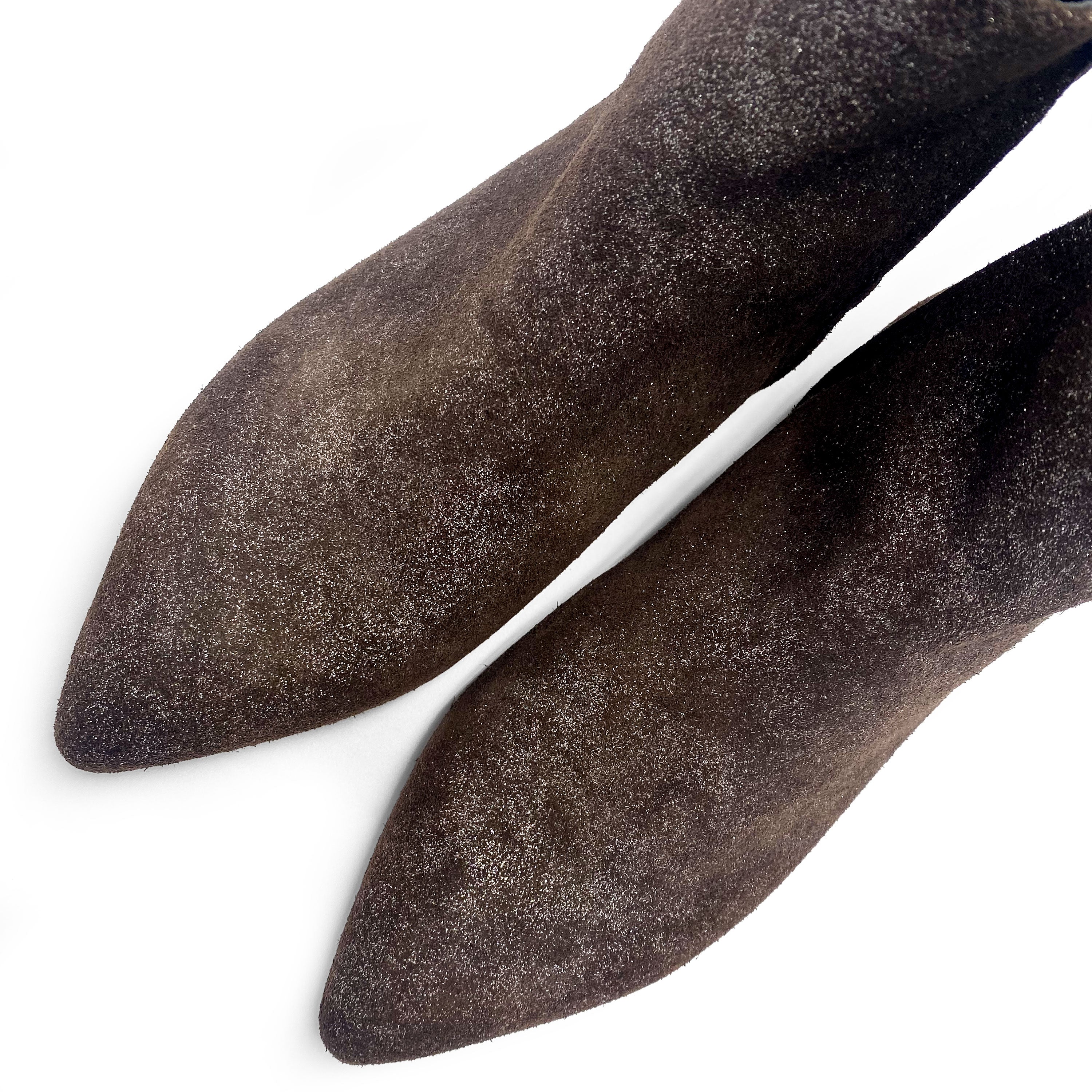 Ankle boots with hidden internal heel in dark brown glittered suede