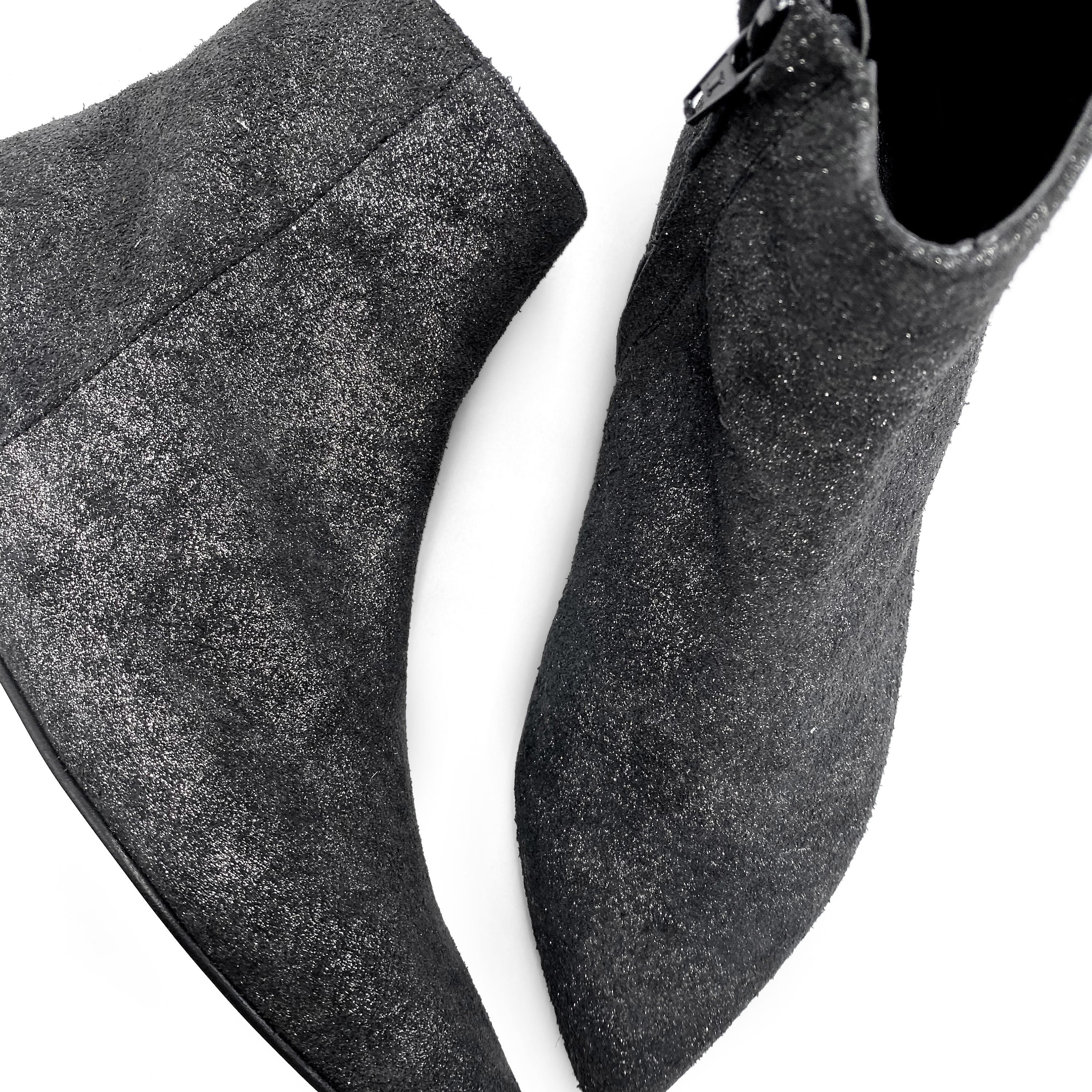 Black glittery suede boots with hidden wedge heel