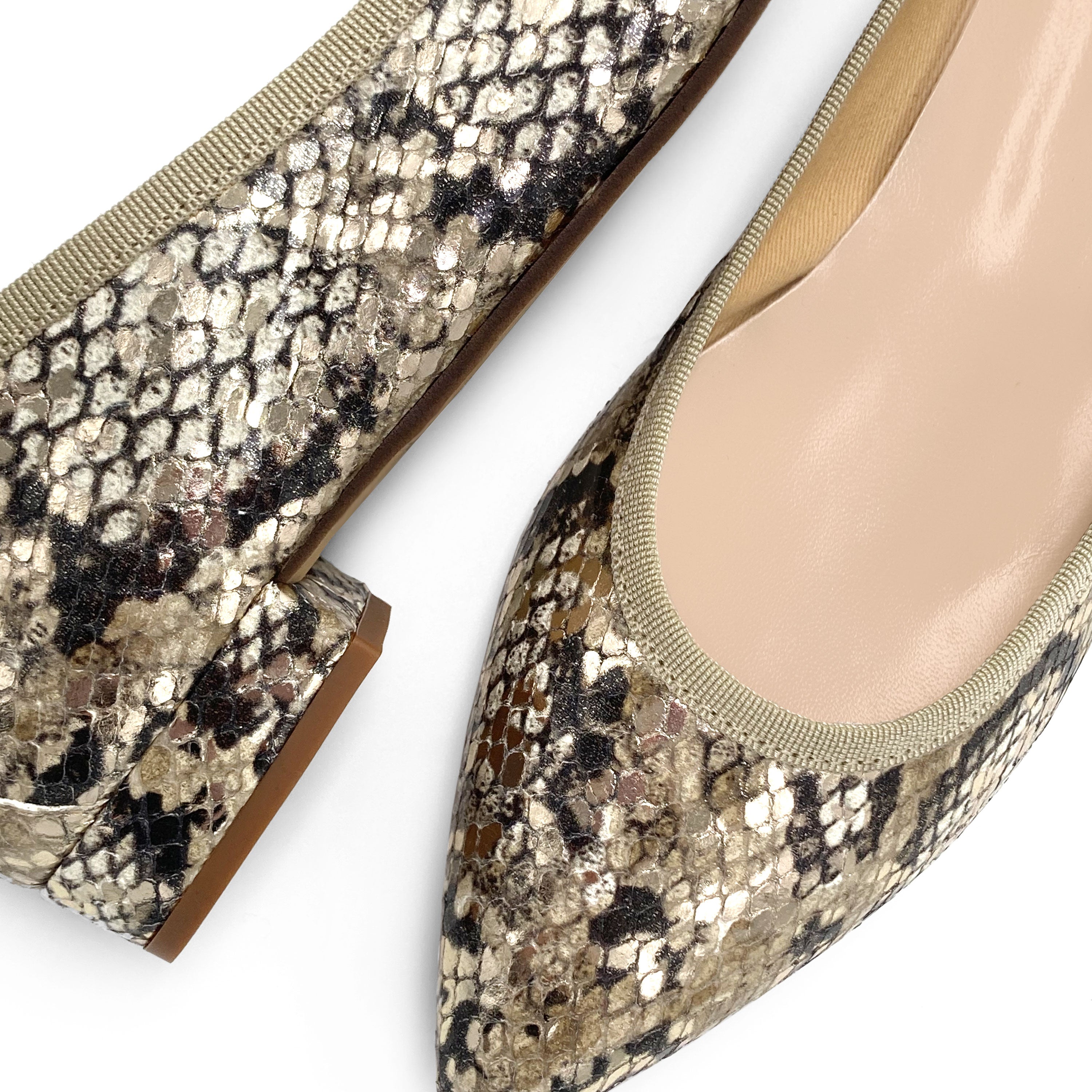 Snake print leather pointed toe ballet flats