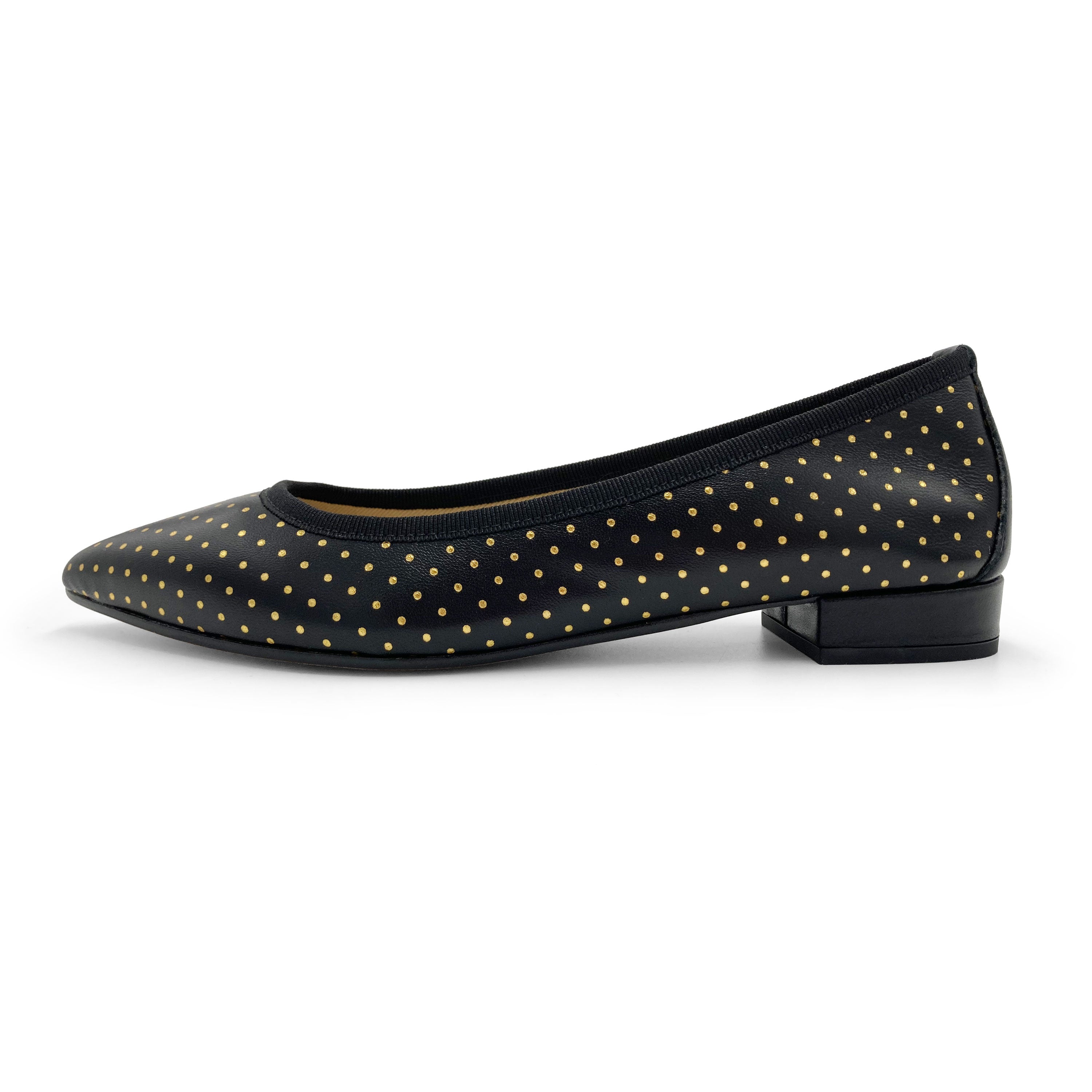 Ballerine a punta nere in pelle con micro pois oro
