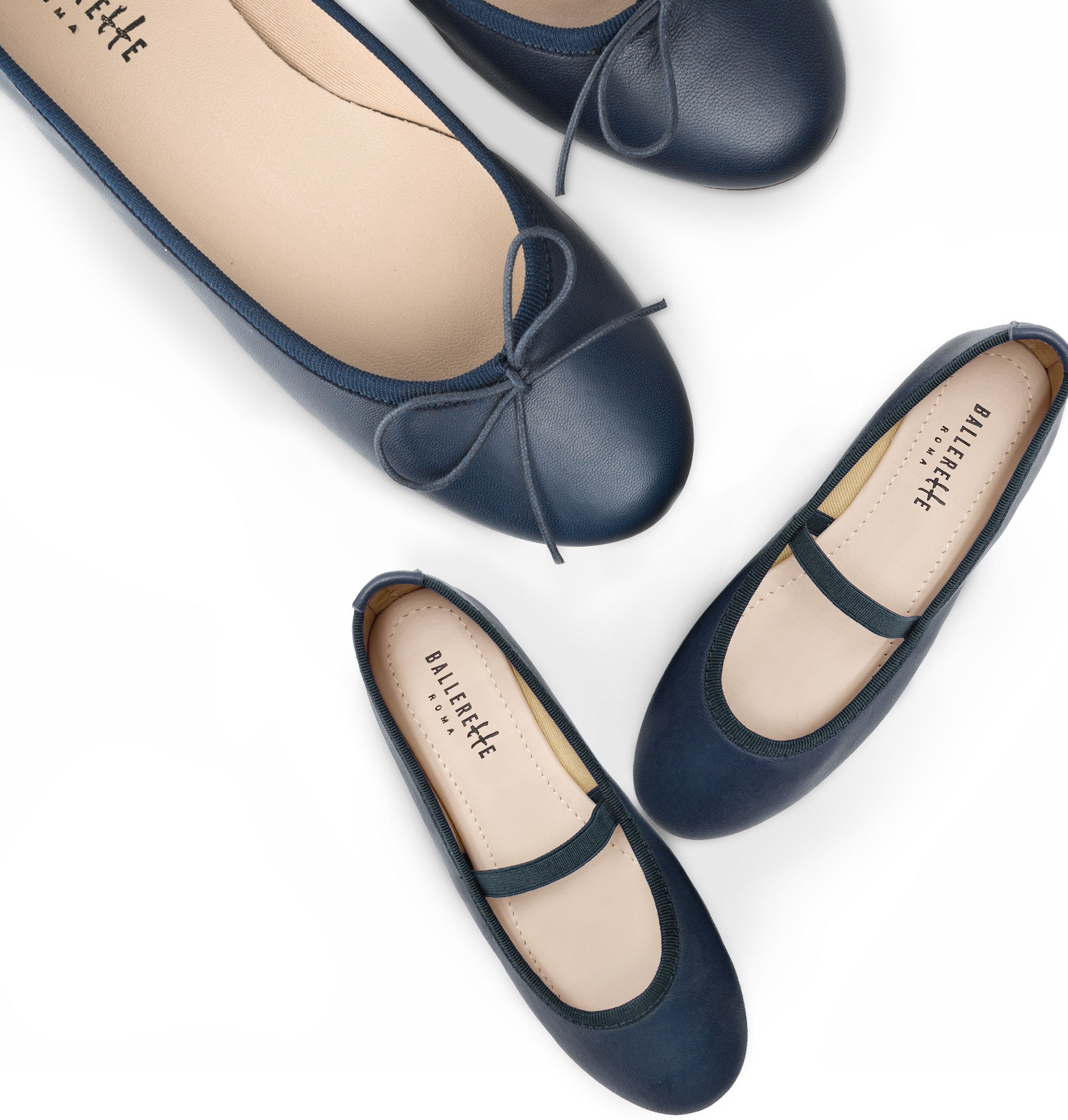 Blue leather girls ballet flats with elastic band