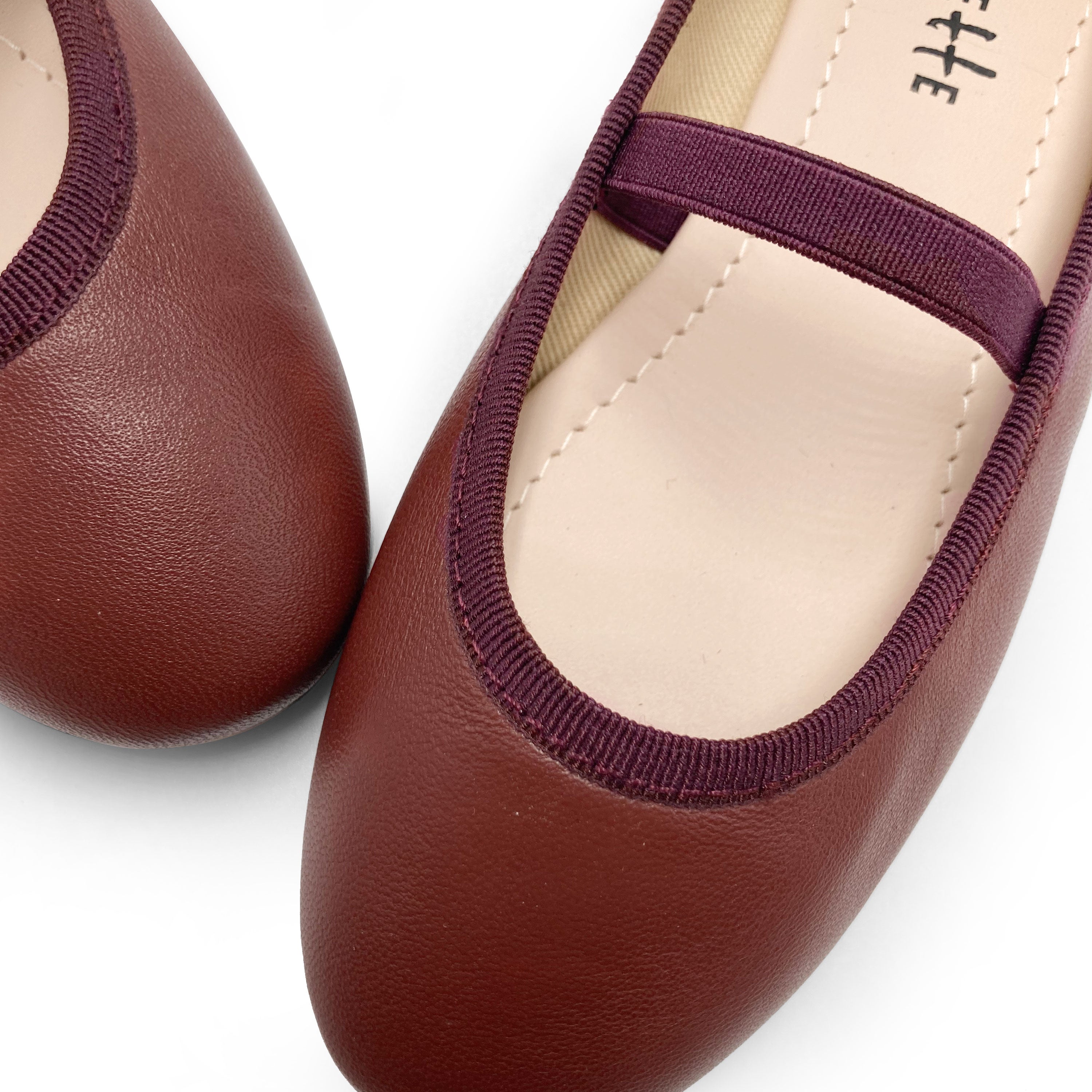 Burgundy leather girls ballet flats with elastic band