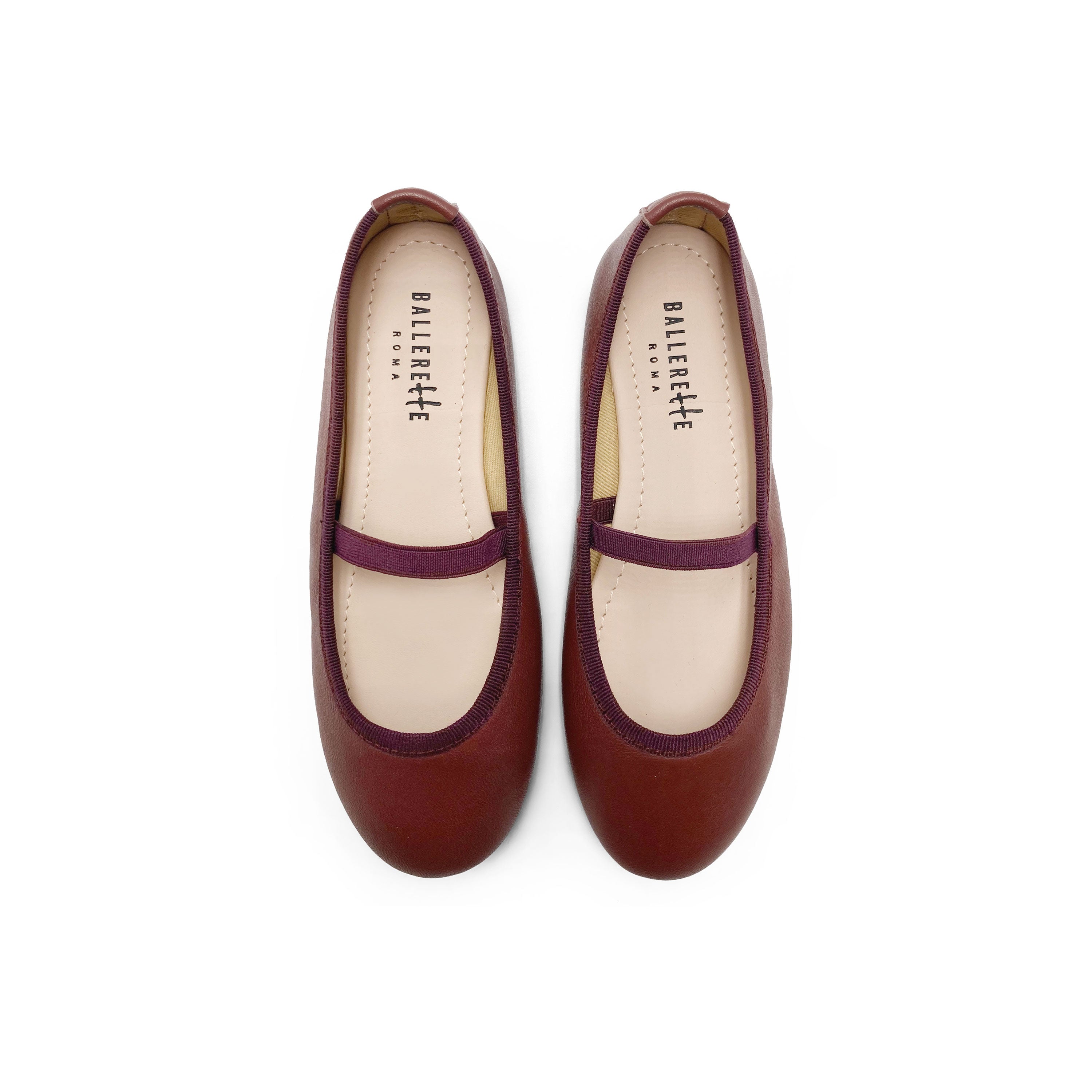 Burgundy leather girls ballet flats with elastic band