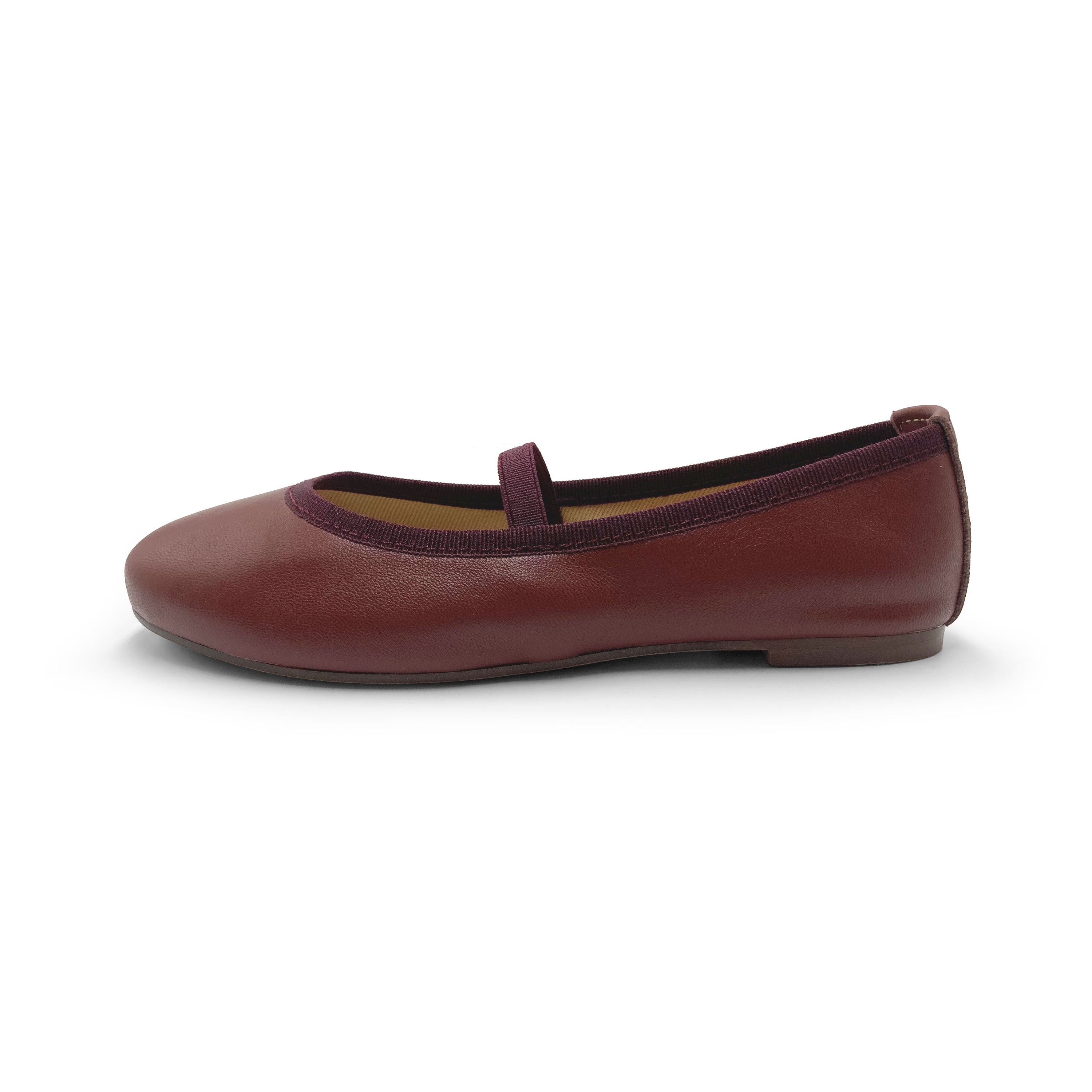 Burgundy leather girls ballet flats with elastic band