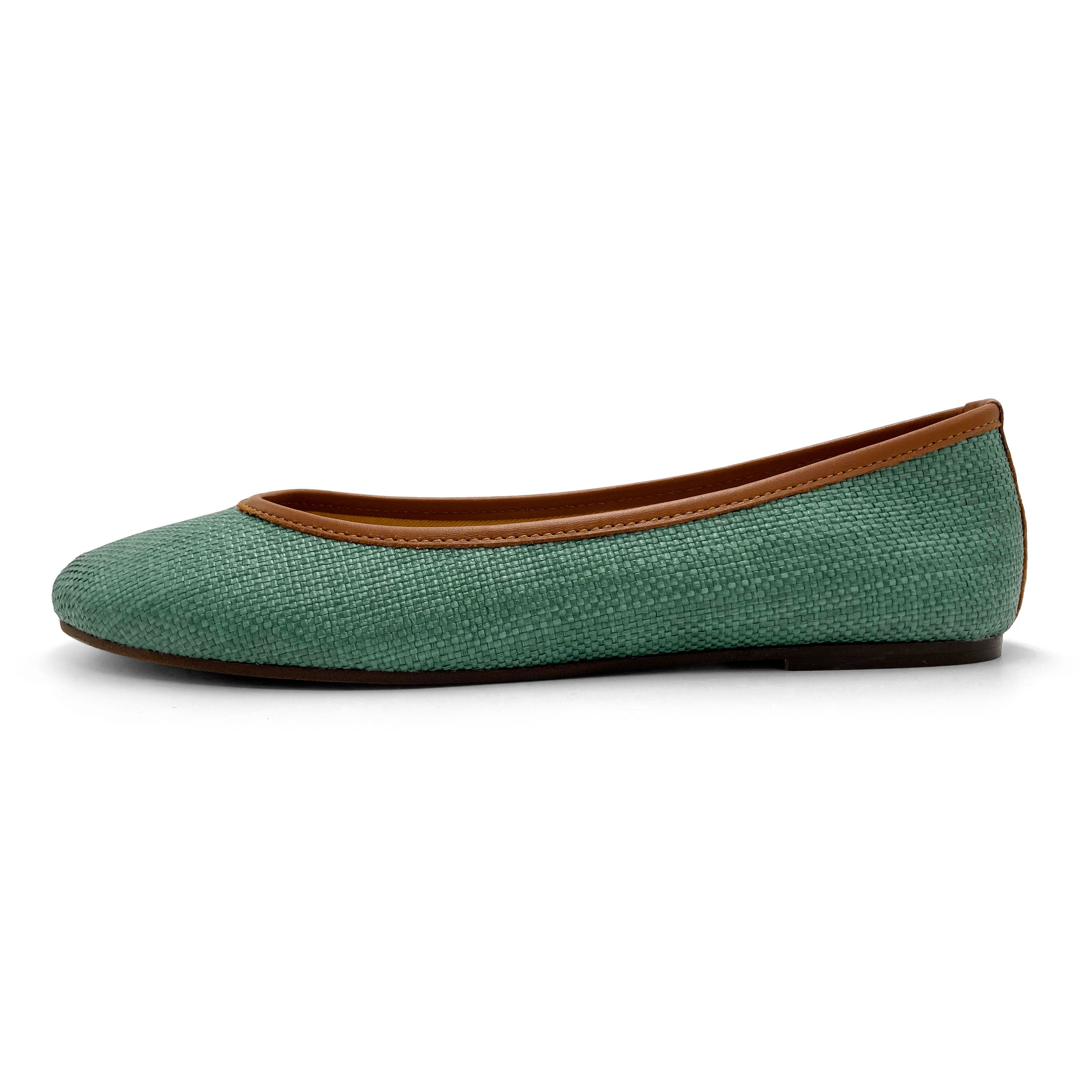 Green summer raffia ballet flats