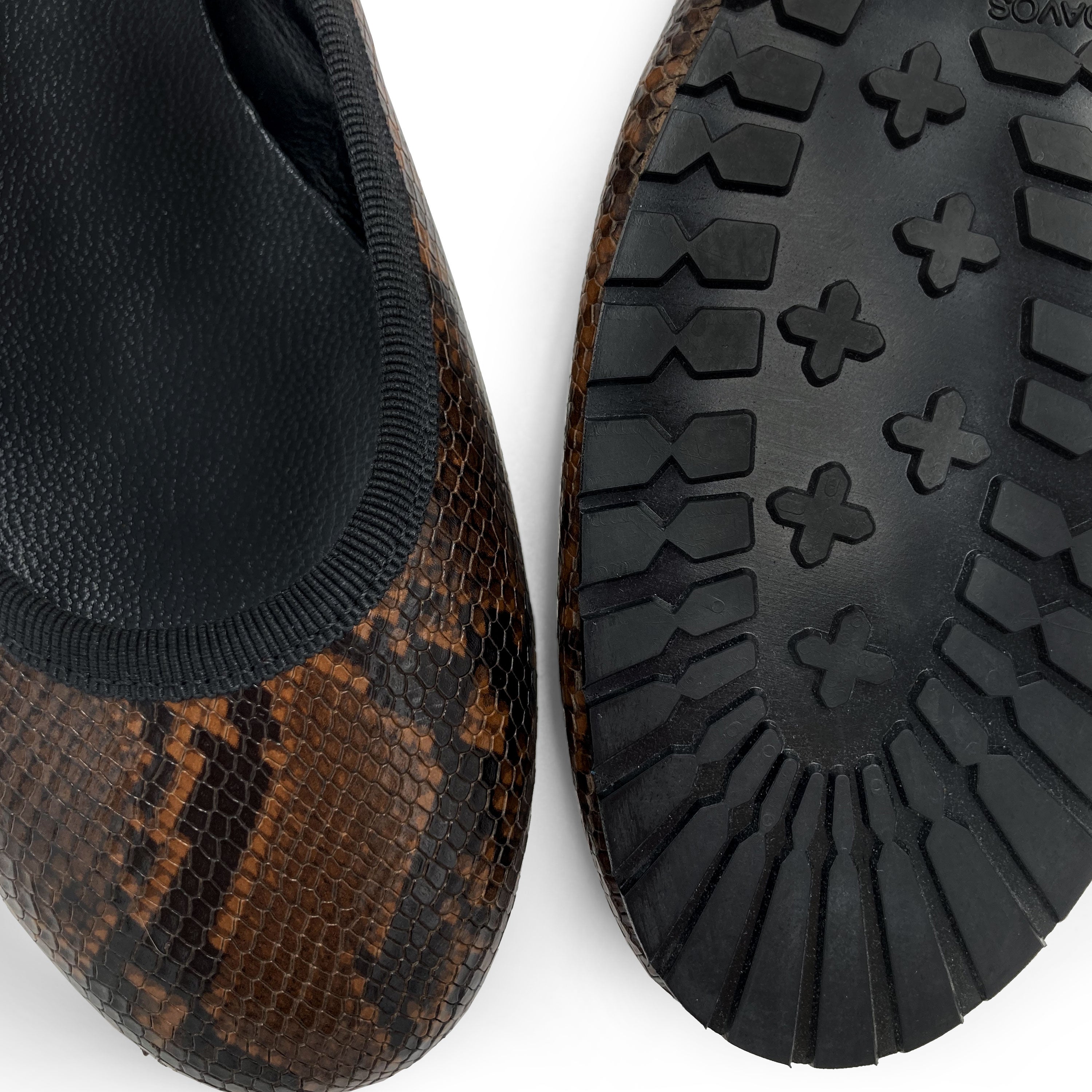 Round toe brown animal print leather flats