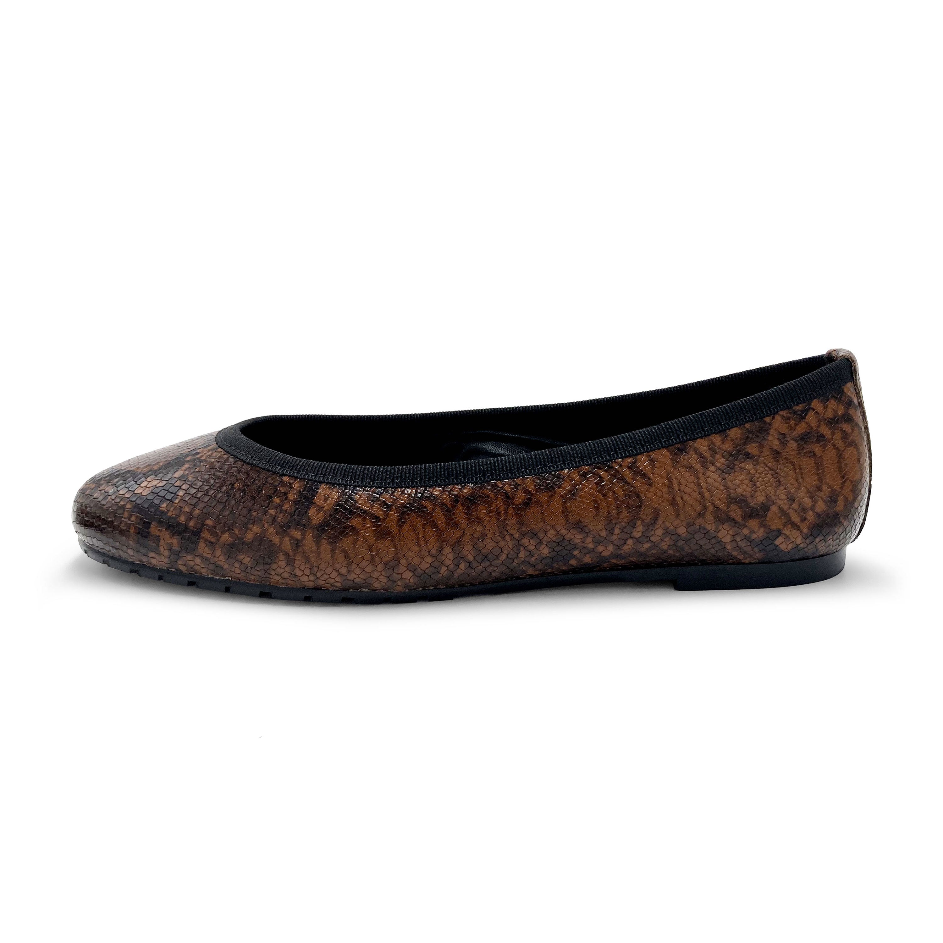 Round toe brown animal print leather flats