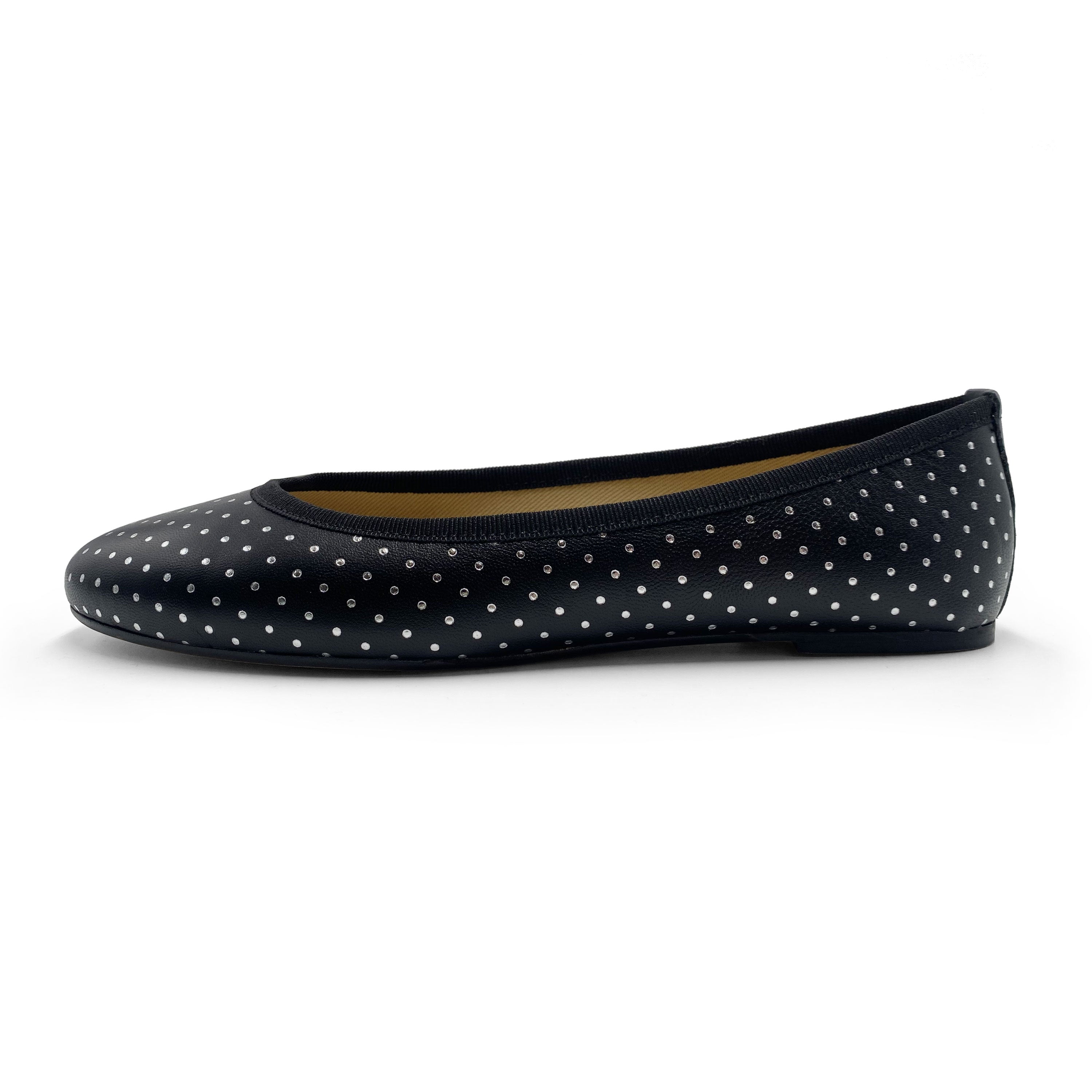 Ballerines en cuir noir à micro pois argentés