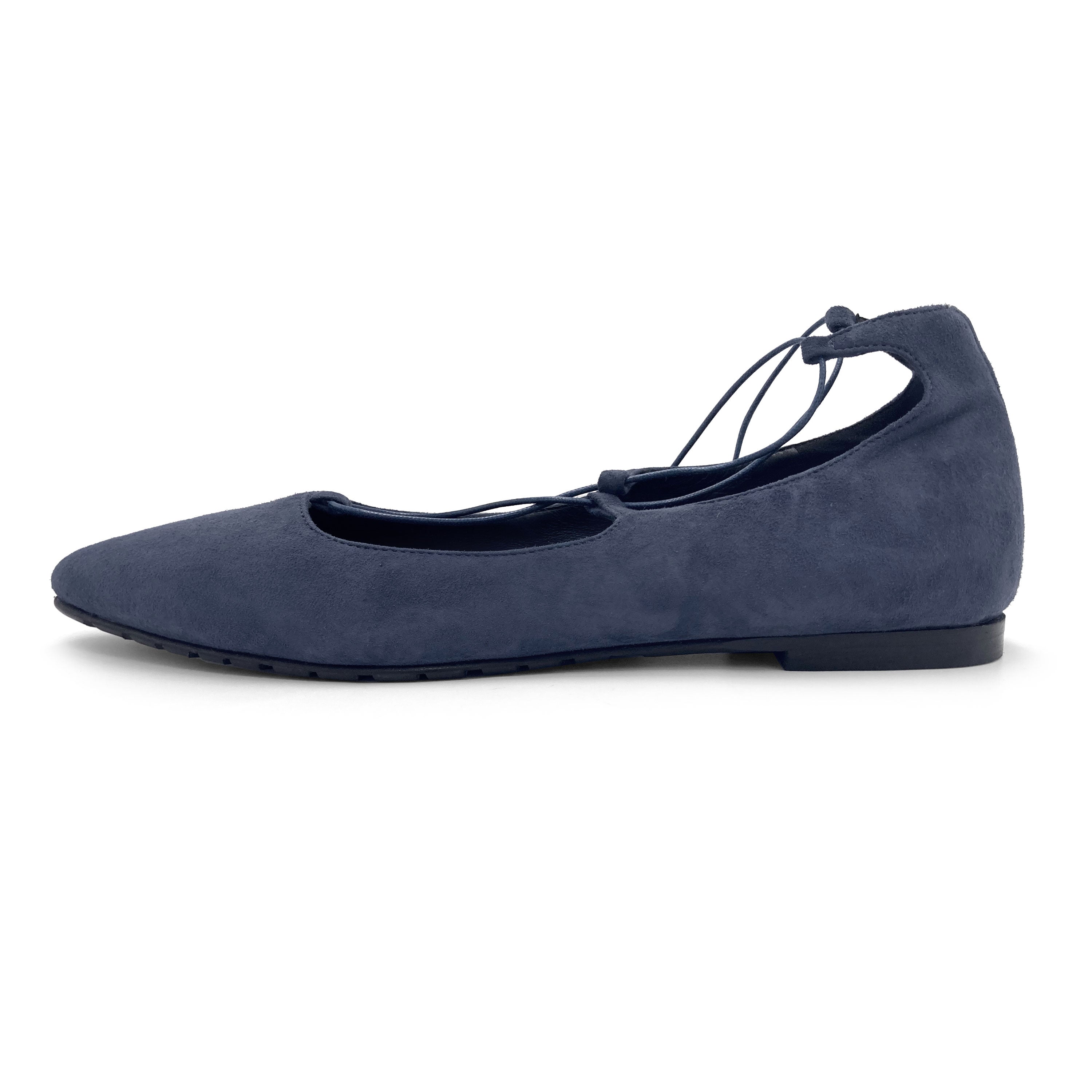 Petrolblaue Ballerinas aus Wildleder mit spitzer Spitze und Gladiator-Schnürung