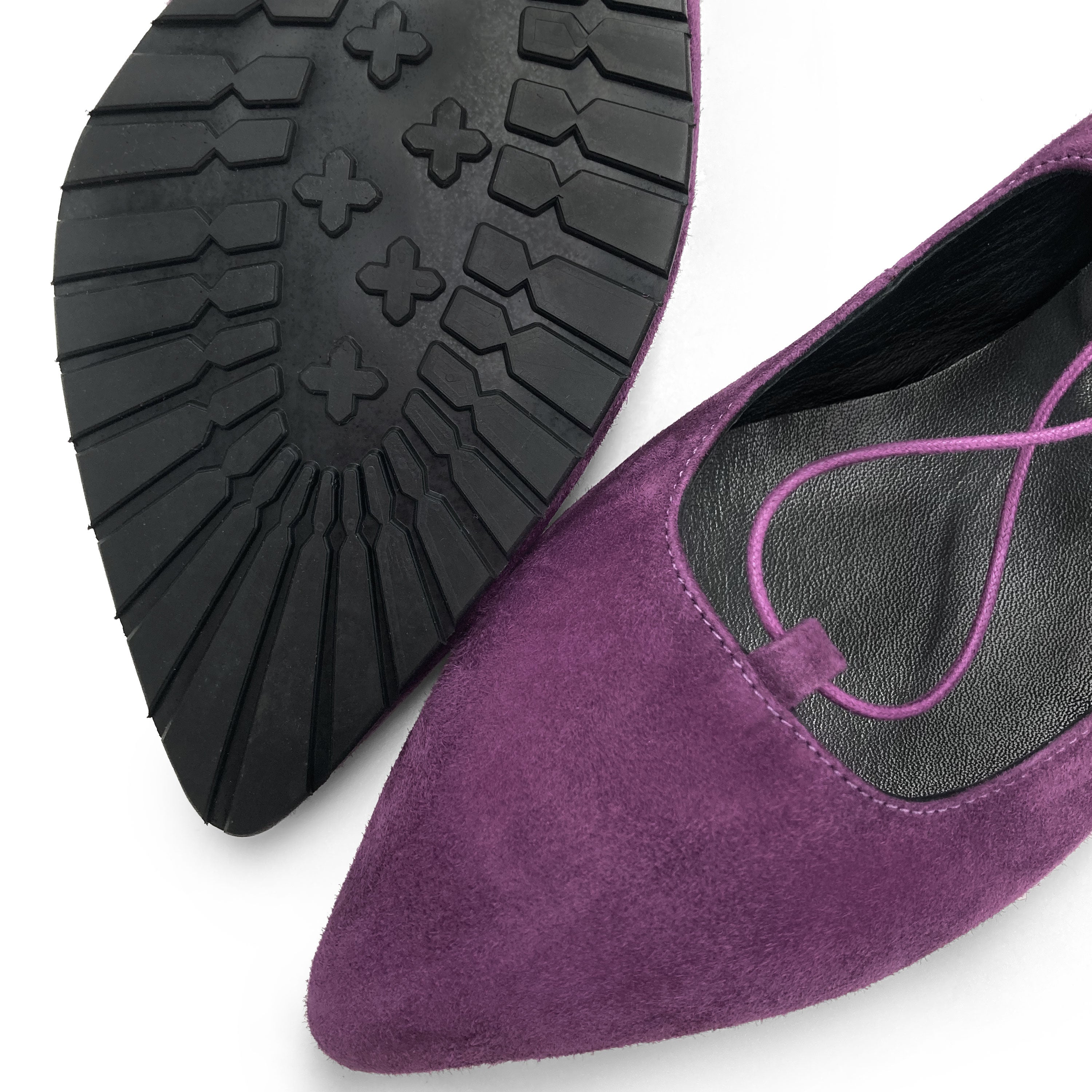 Purple suede ballet flats with straps
