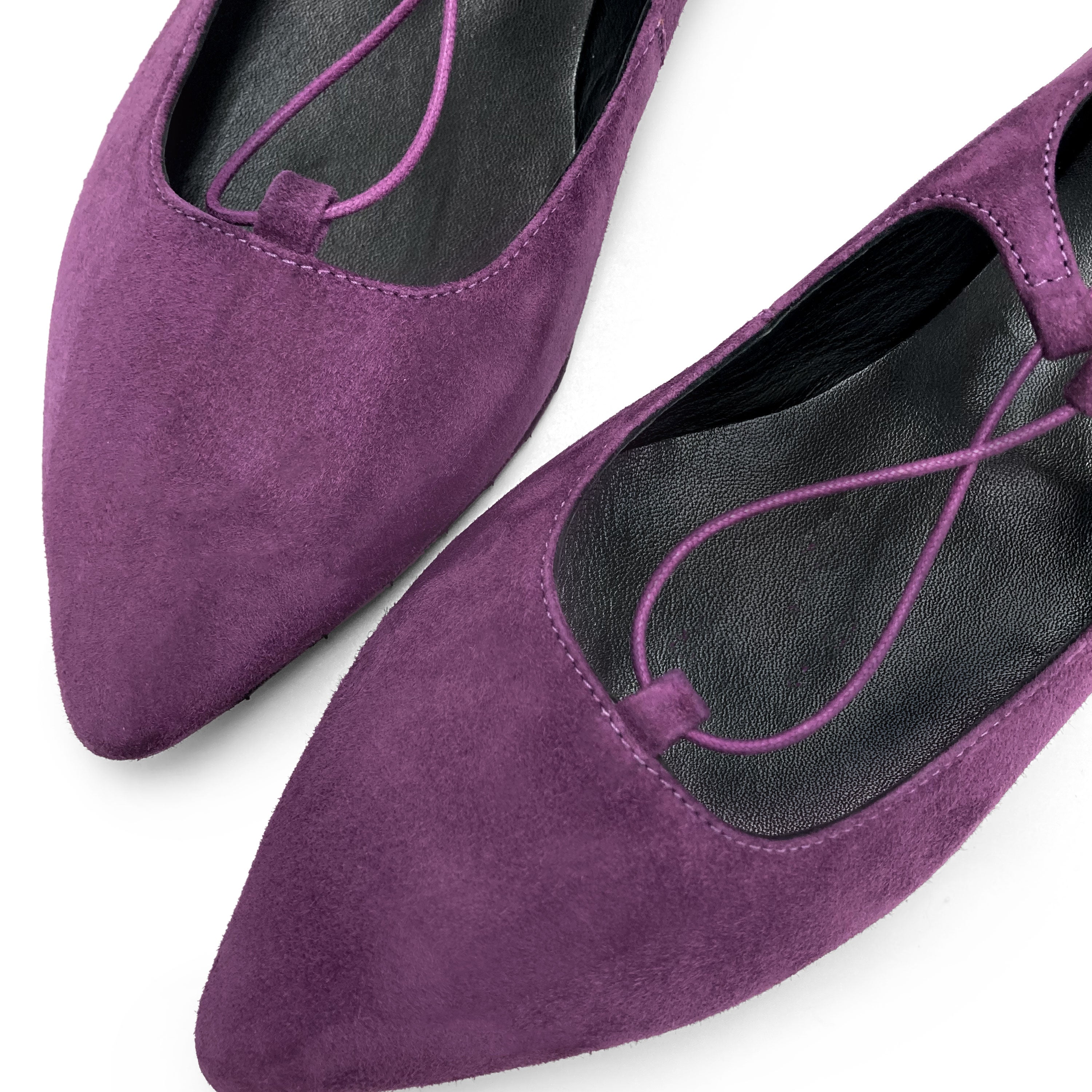 Purple suede ballet flats with straps