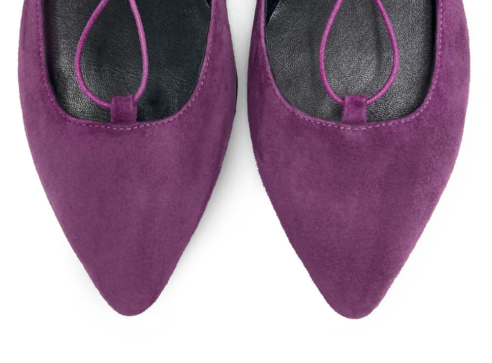 Purple suede ballet flats with straps