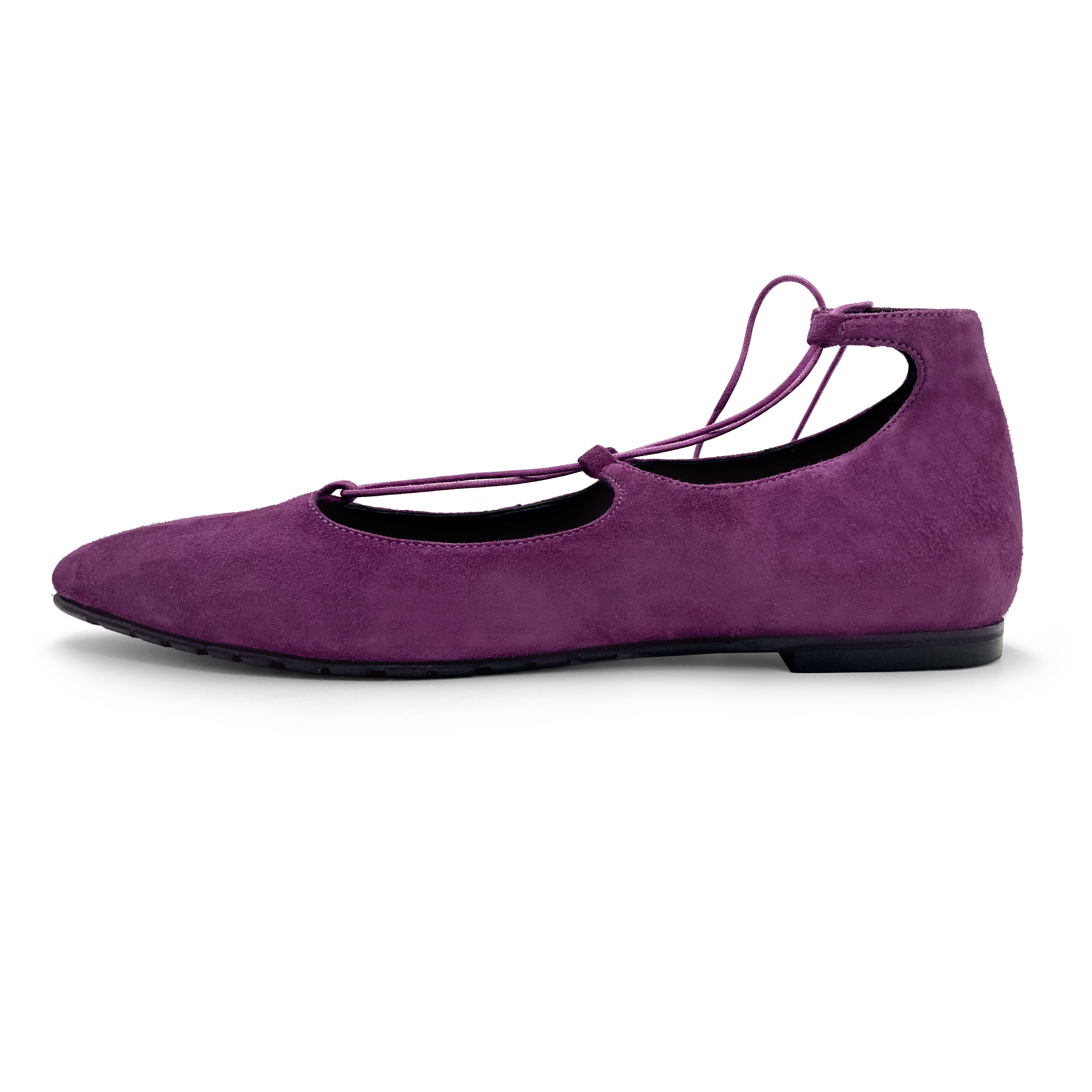 Purple suede ballet flats with straps