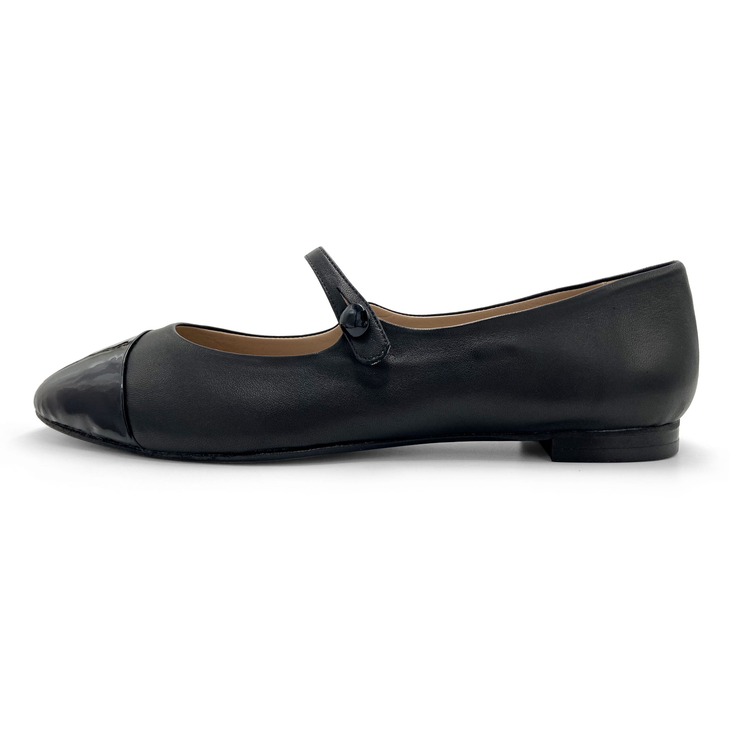 Black leather ballet flats with patent leather strap and toe