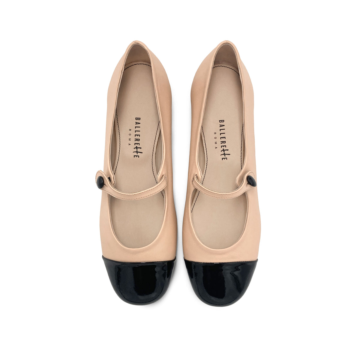 Powder pink leather ballet flats with patent leather strap and toe