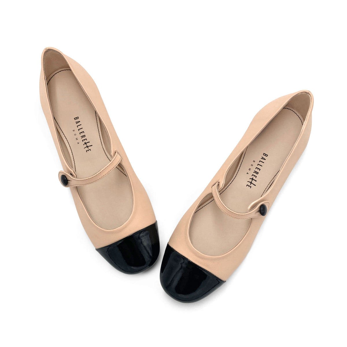 Powder pink leather ballet flats with patent leather strap and toe