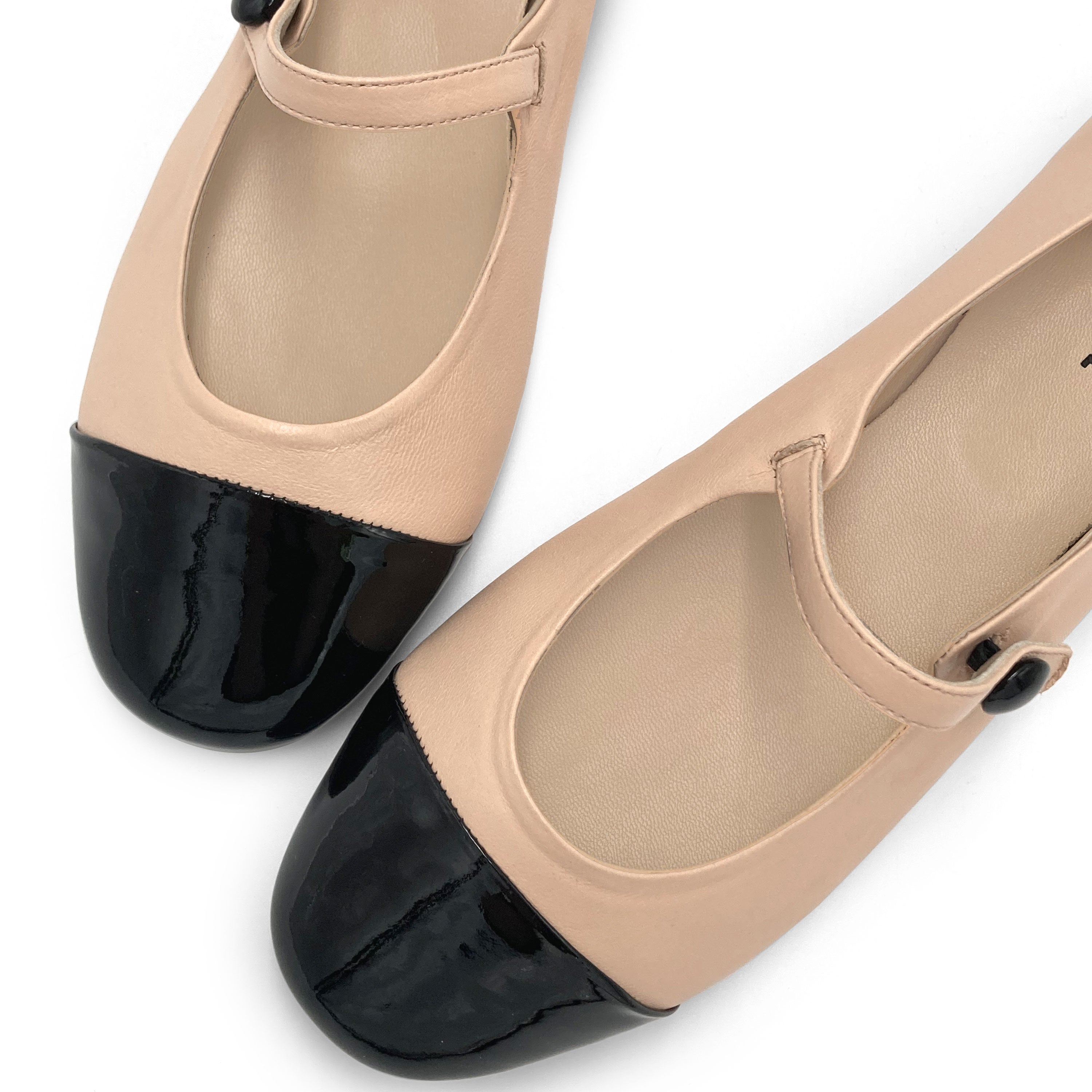 Powder pink leather ballet flats with patent leather strap and toe