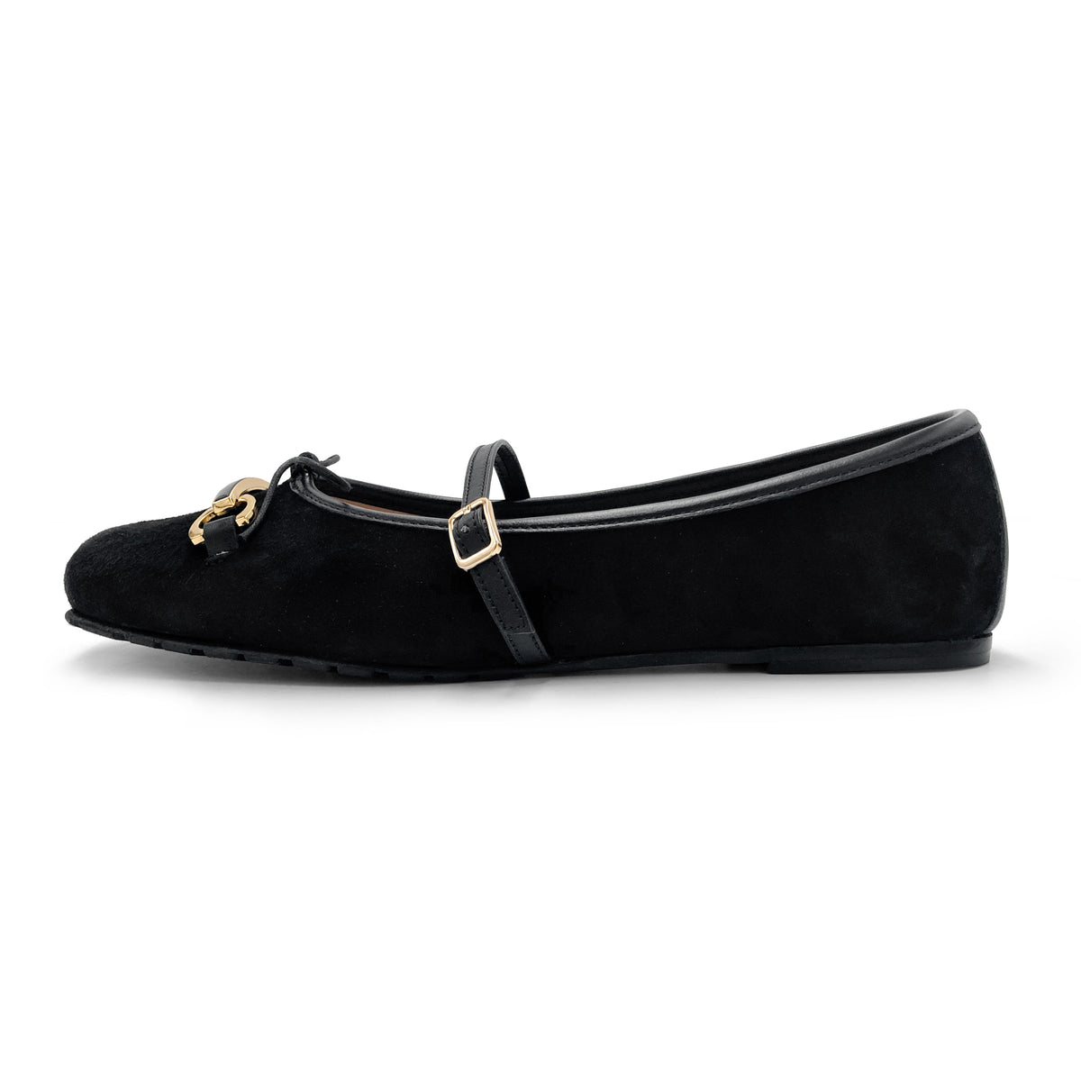 Black suede Mary Jane ballet flats with a metal clasp