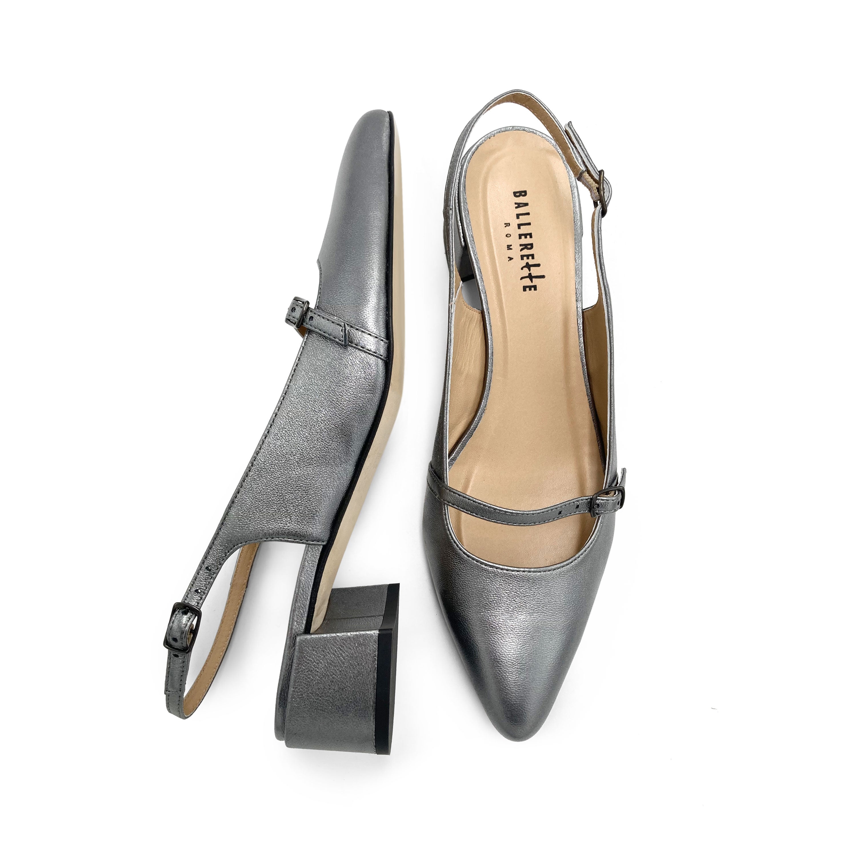 Ballerines Mary Jane slingback en cuir argent fer avec talon