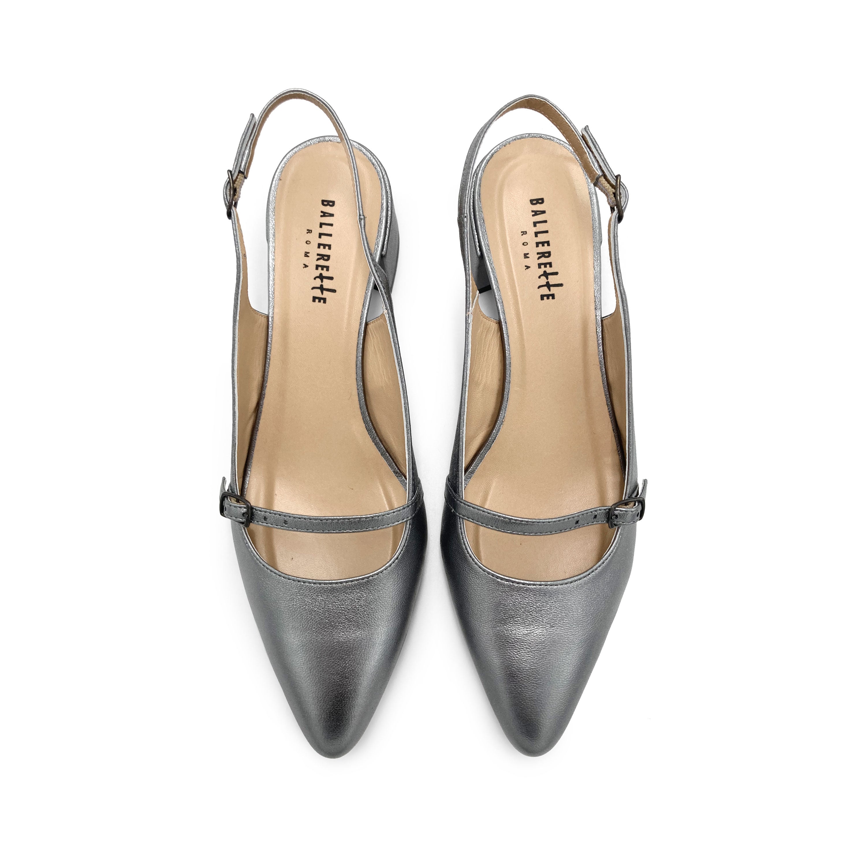 Ballerines Mary Jane slingback en cuir argent fer avec talon