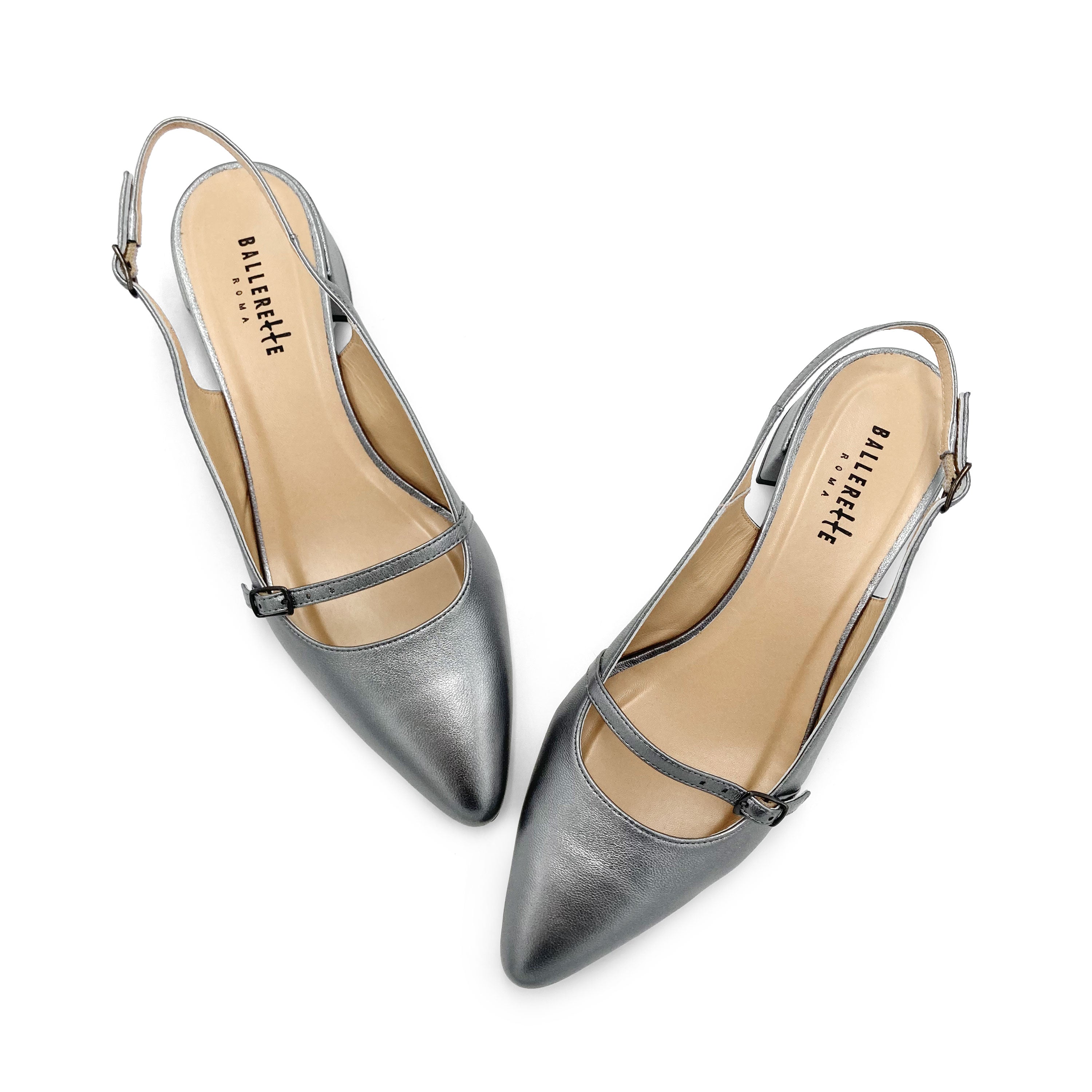 Ballerines Mary Jane slingback en cuir argent fer avec talon