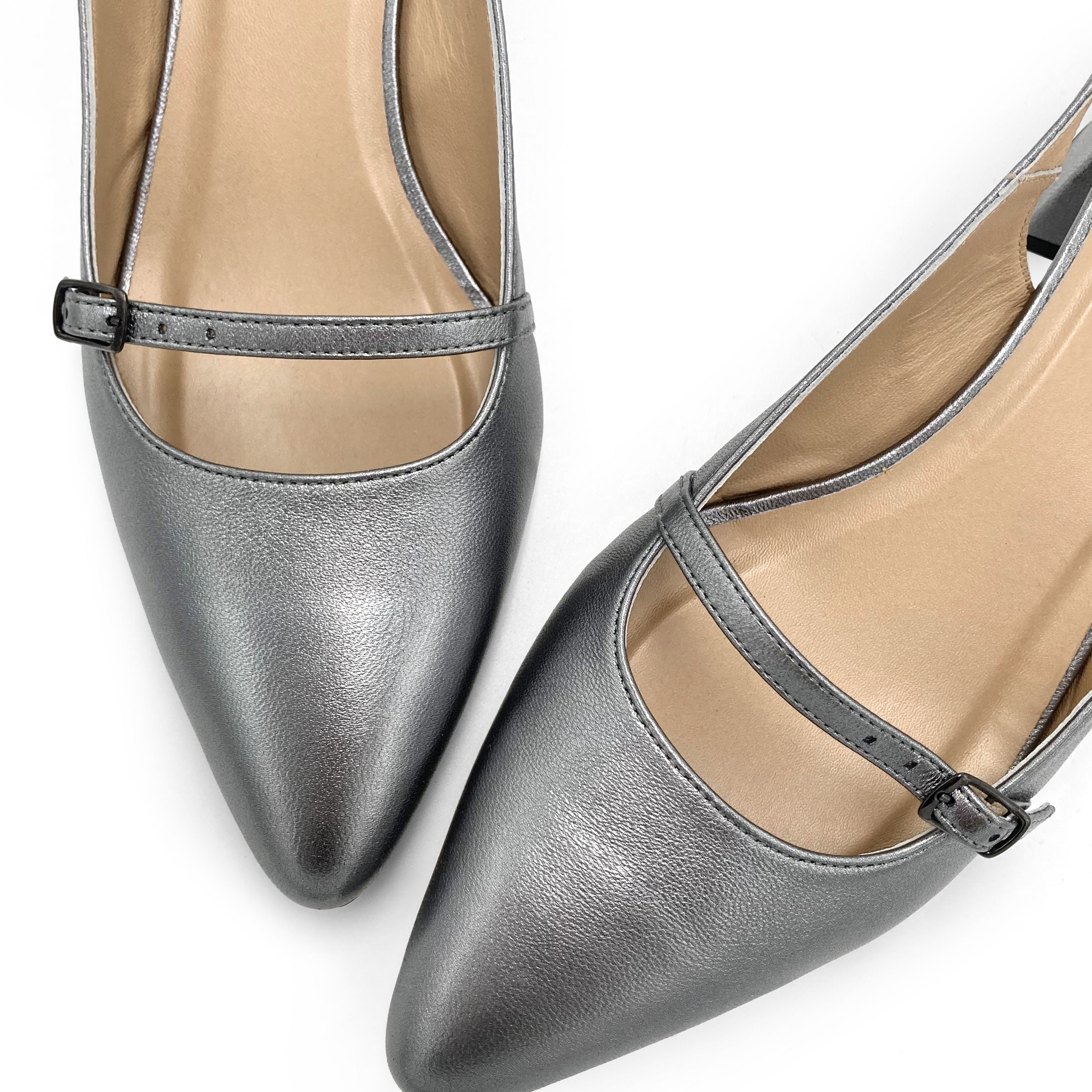 Ballerines Mary Jane slingback en cuir argent fer avec talon