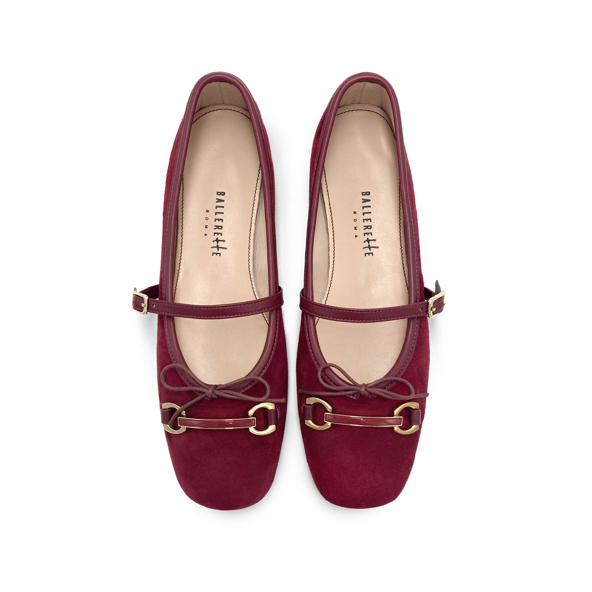 Bordeaux suede Mary Jane ballet flats with a metal clasp
