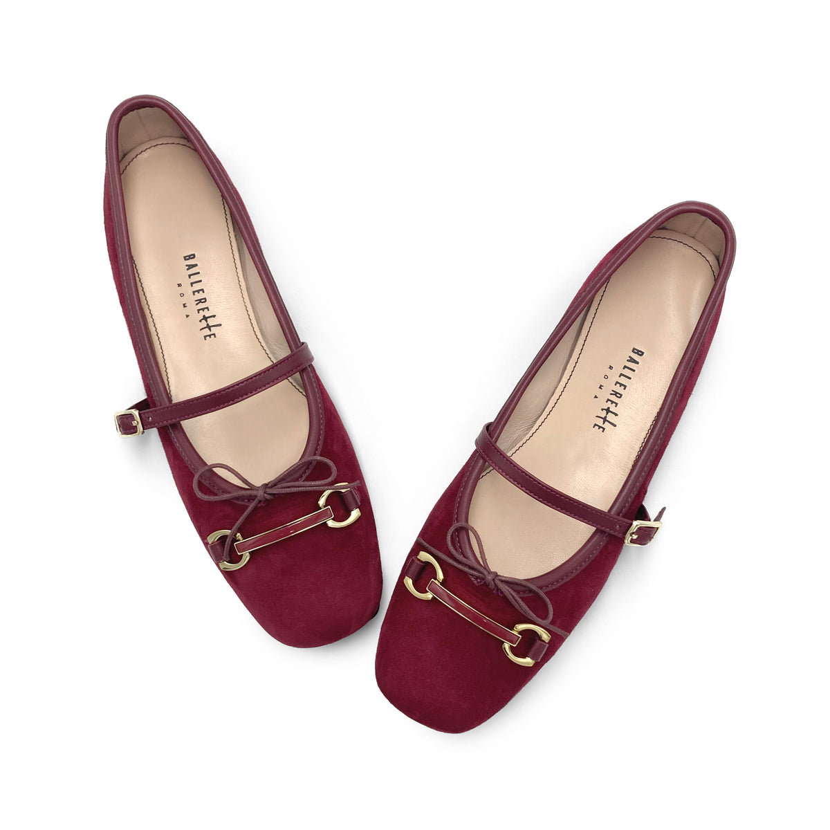Bordeaux suede Mary Jane ballet flats with a metal clasp