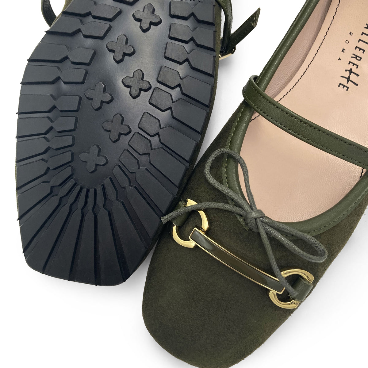 Grüne Veloursleder-Mary-Jane-Ballerinas mit Metallschließe