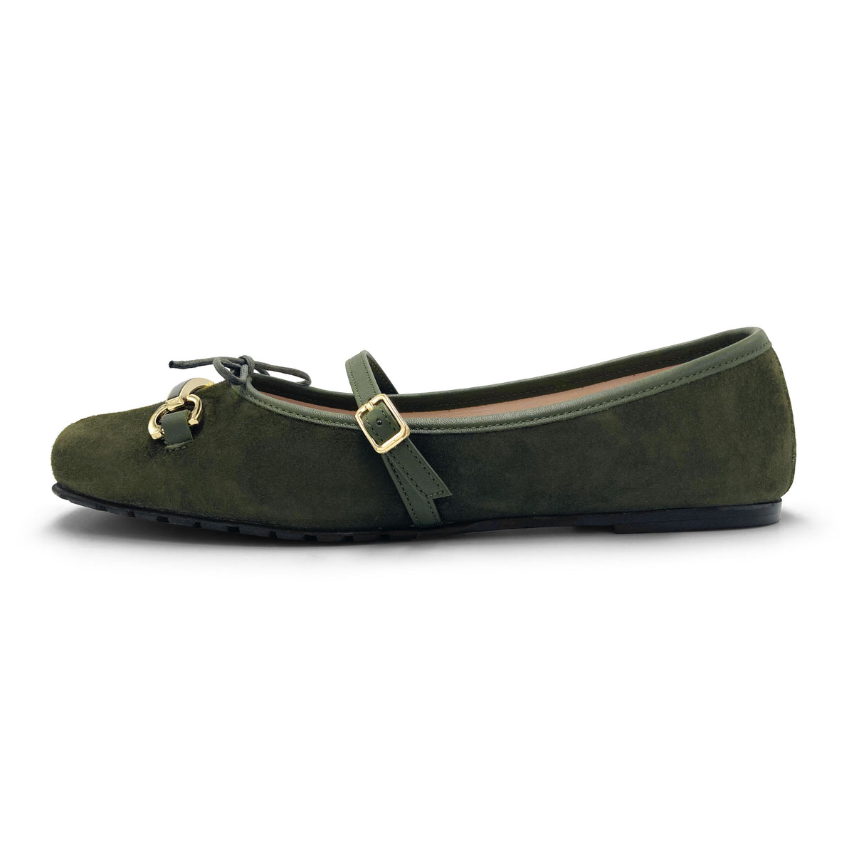Grüne Veloursleder-Mary-Jane-Ballerinas mit Metallschließe