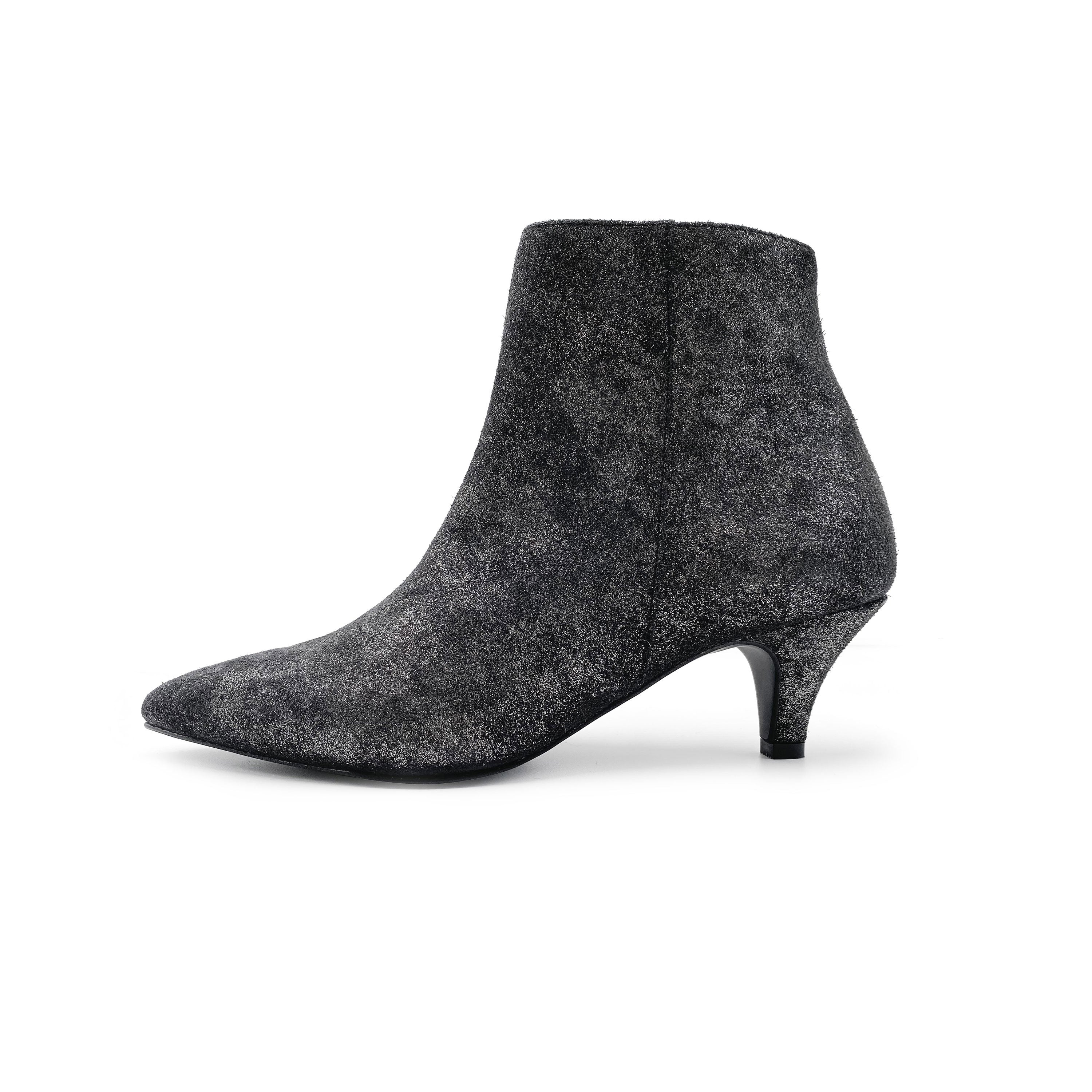 Laminated, metallic black leather ankle boots with heel