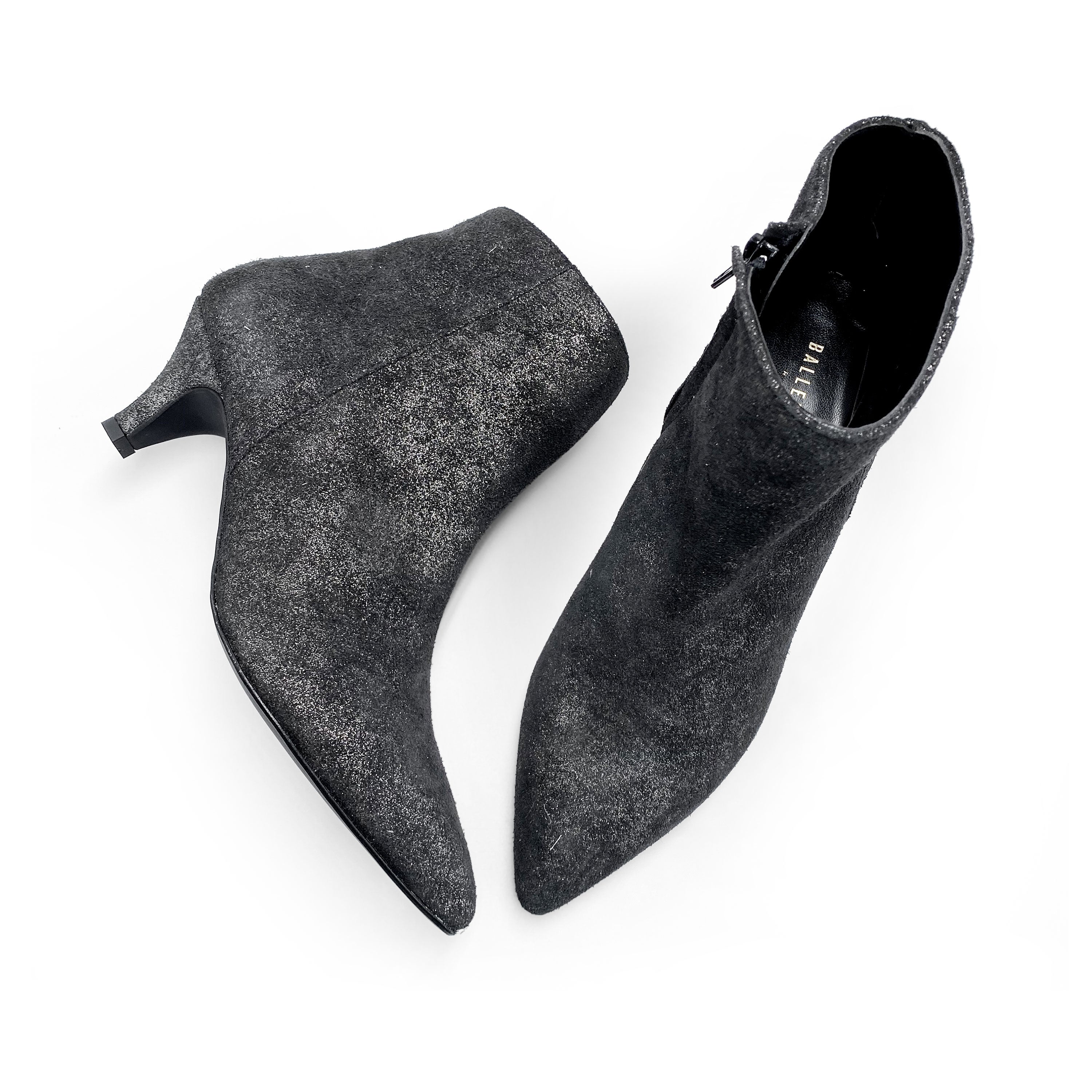 Laminated, metallic black leather ankle boots with heel