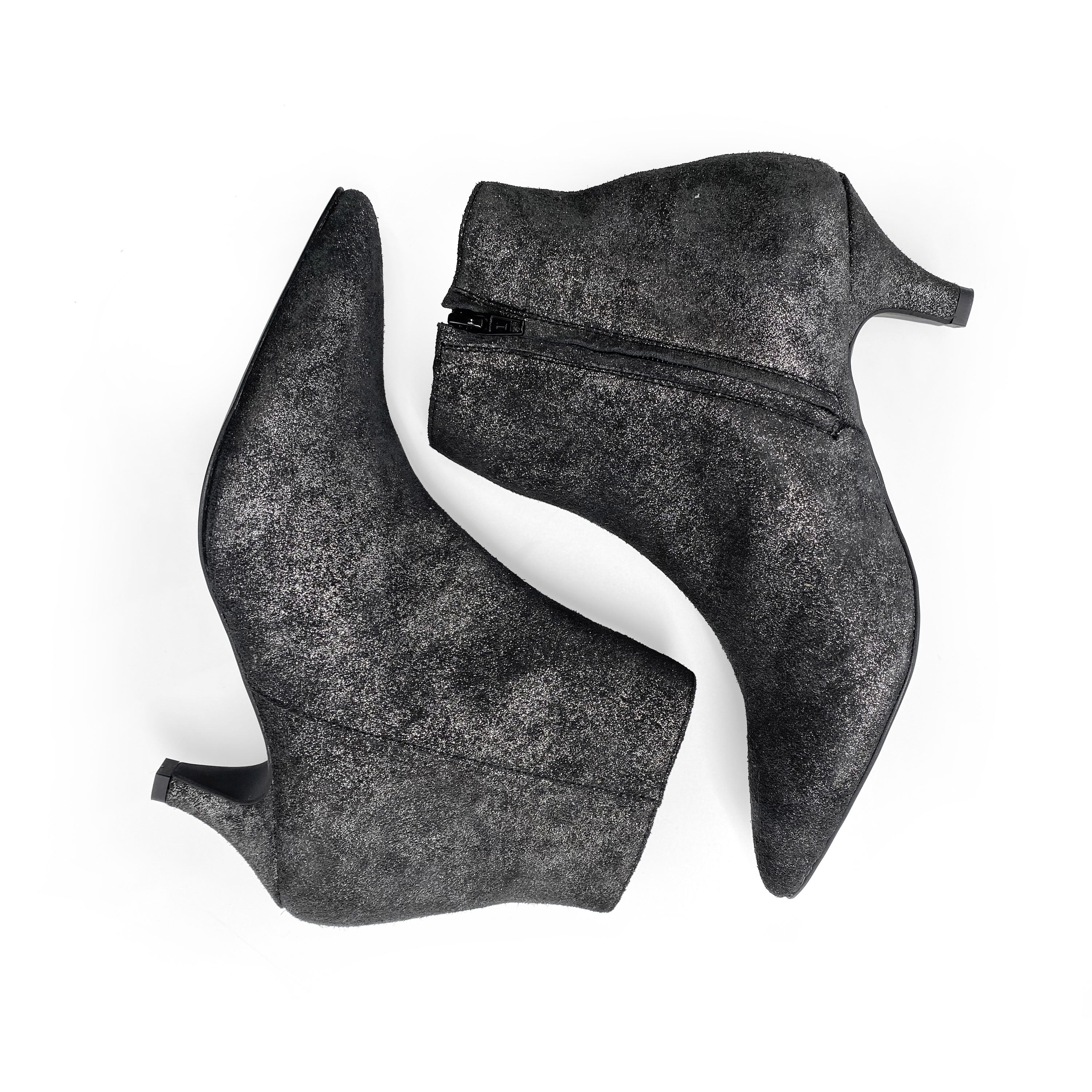 Laminated, metallic black leather ankle boots with heel